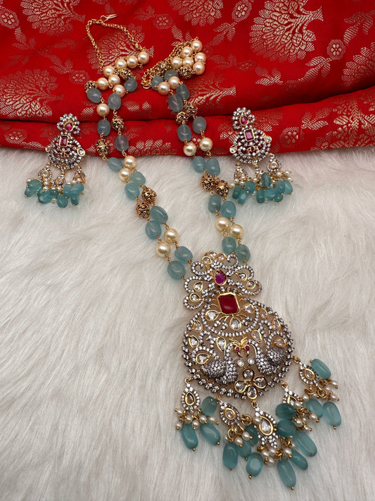 AD Aqua Blue Beads Nakshi Tar Mala Necklace