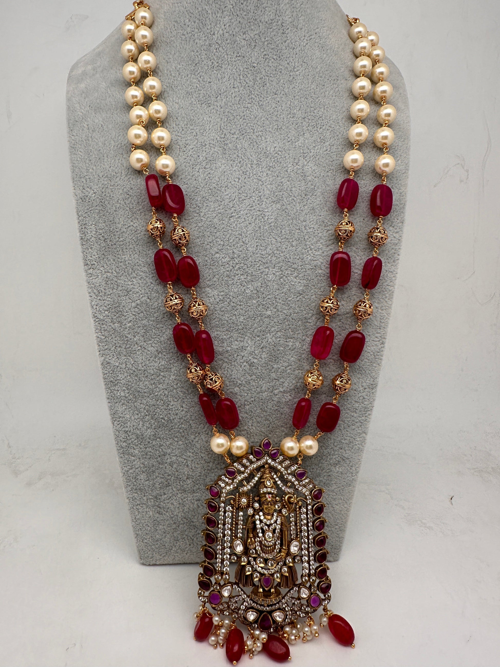 Balaji Tar Mala Victorian Finish Beads Rani haar - Red