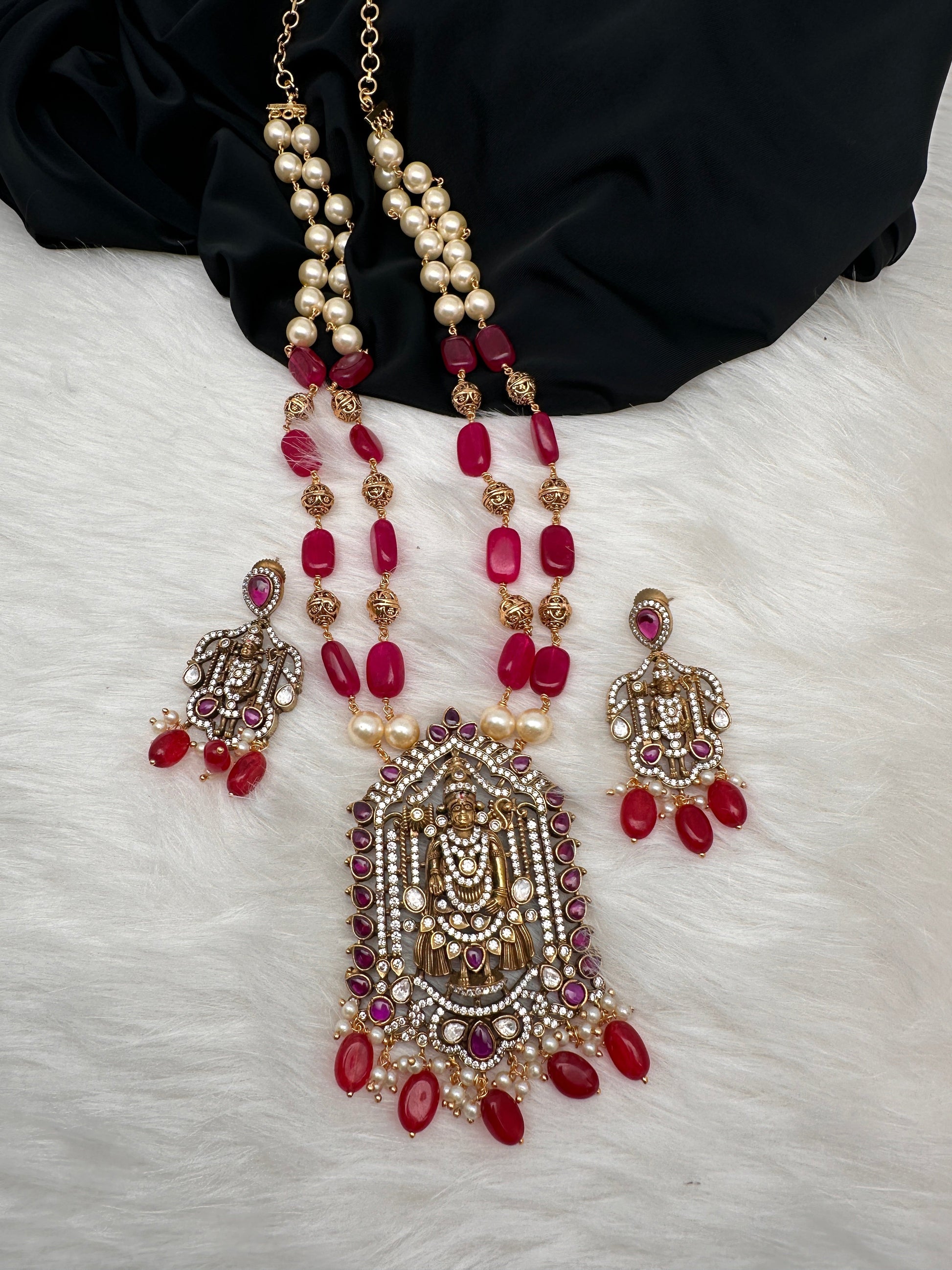 Balaji Tar Mala Victorian Finish Beads Rani haar - Red