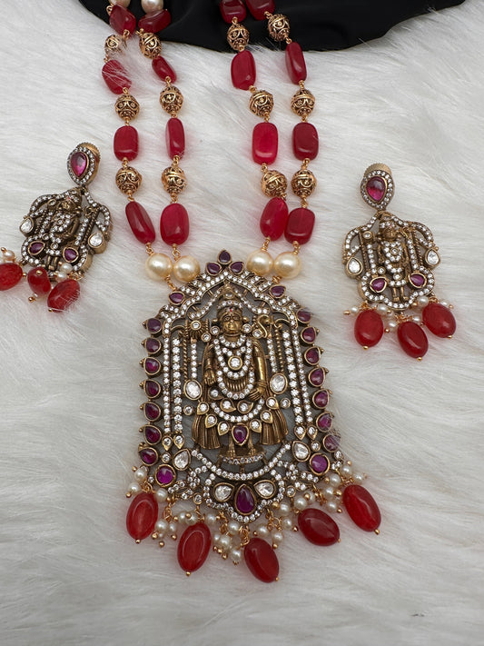 Balaji Tar Mala Victorian Finish Beads Rani haar - Red