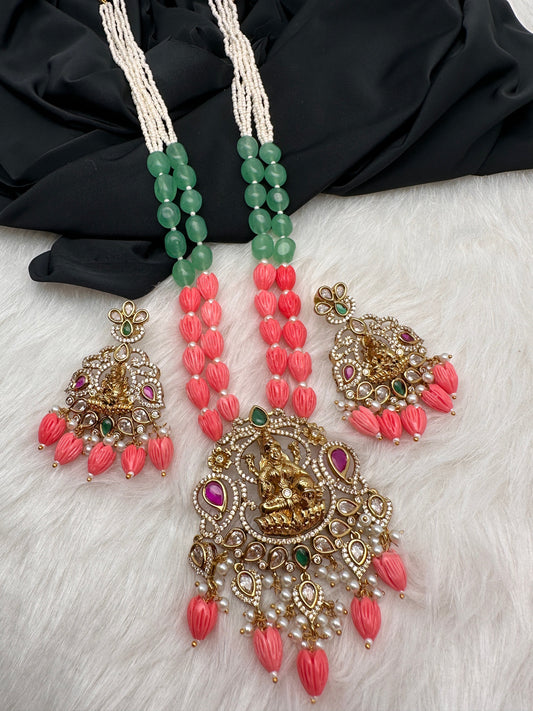 Goddess Lakshmi Victorian Pendent Pink Tulip Beads Pearls Necklace