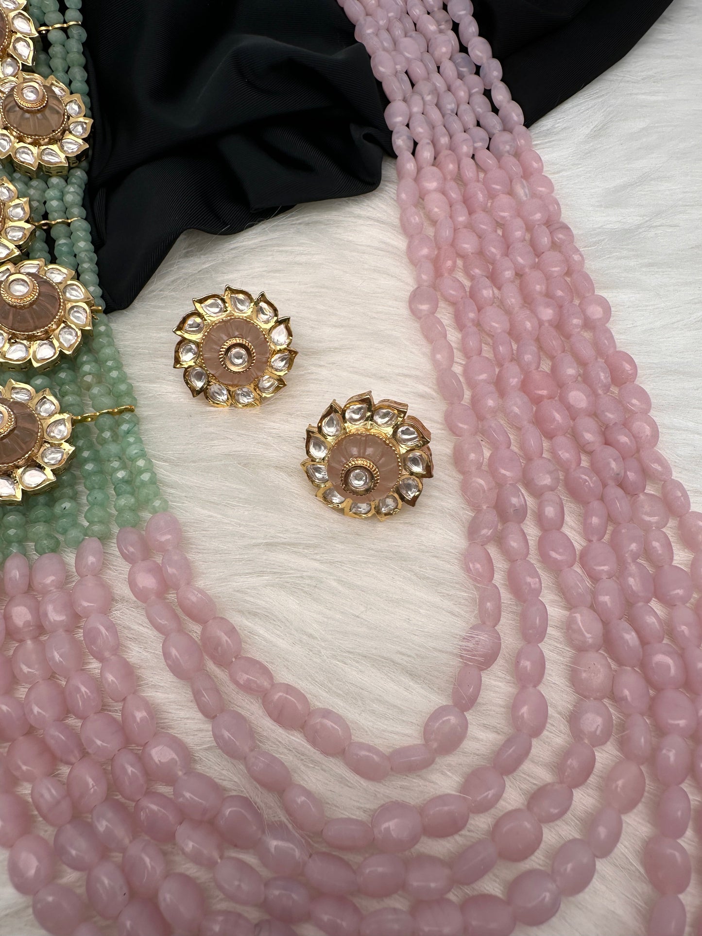 Pastel Pink and Green Long Multi Layer Necklace