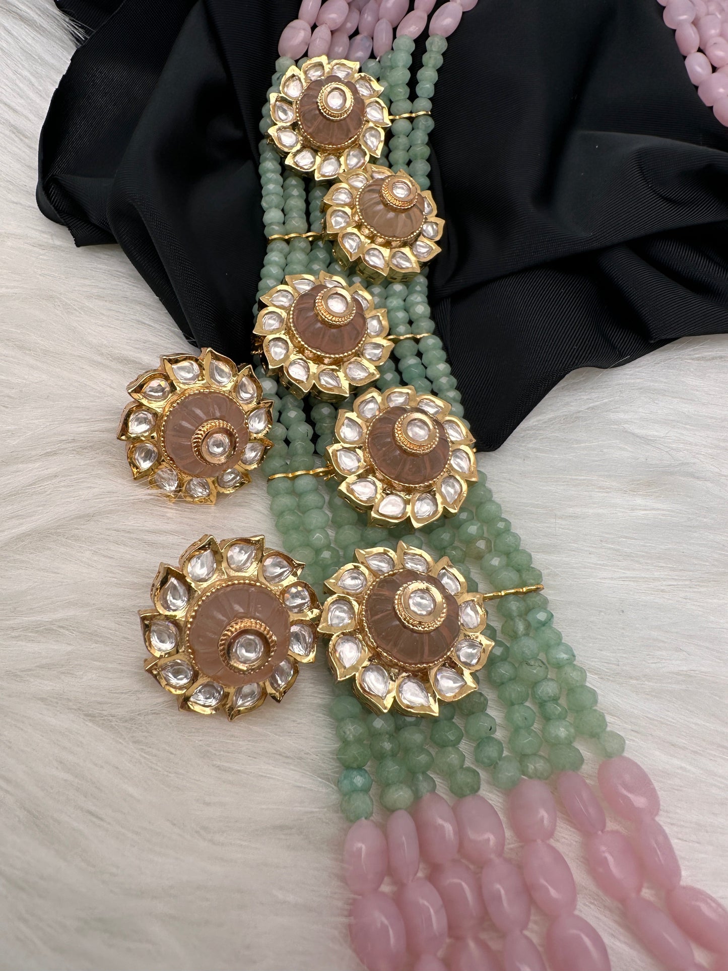 Pastel Pink and Green Long Multi Layer Necklace