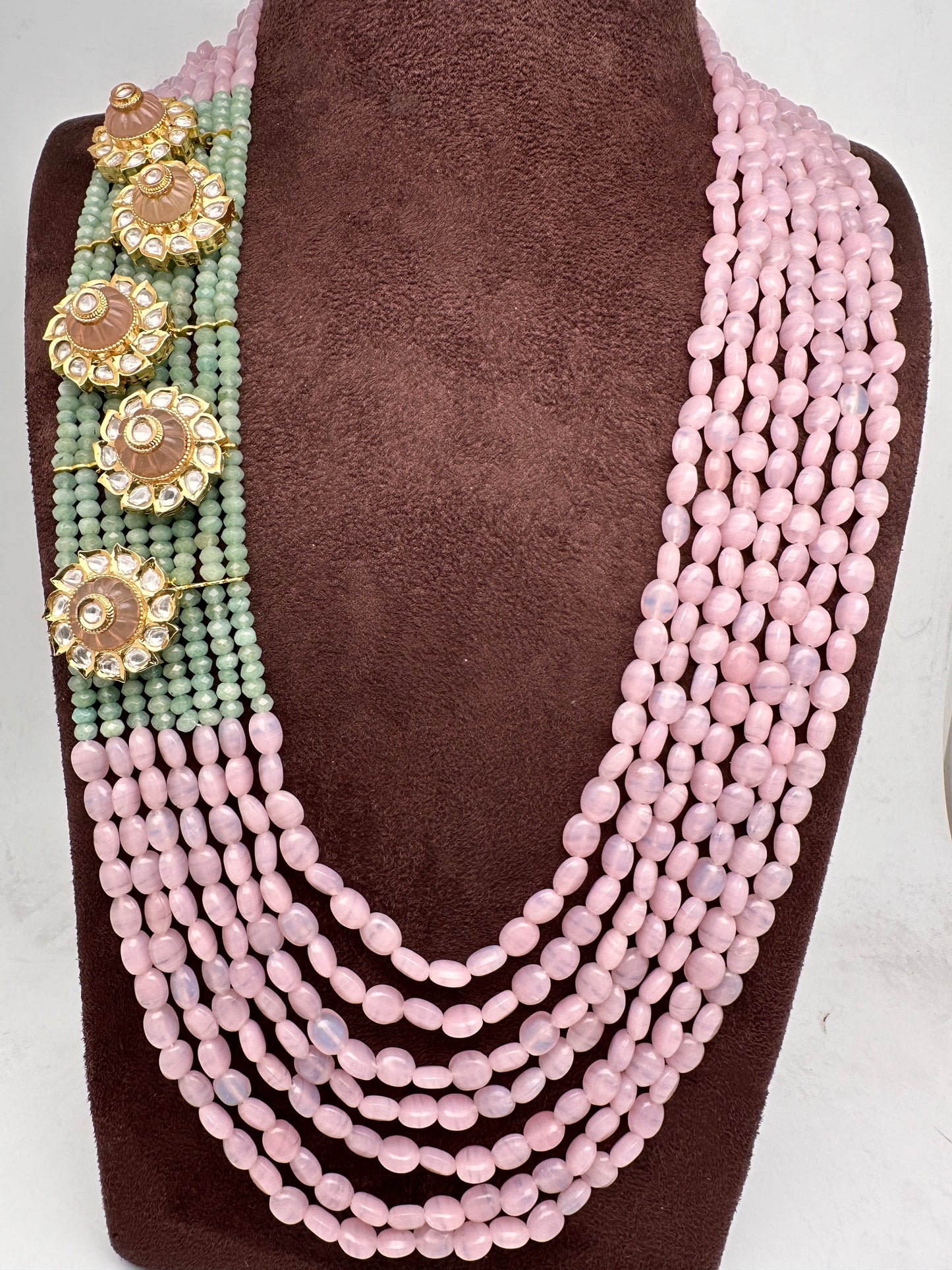 Pastel Pink and Green Long Multi Layer Necklace