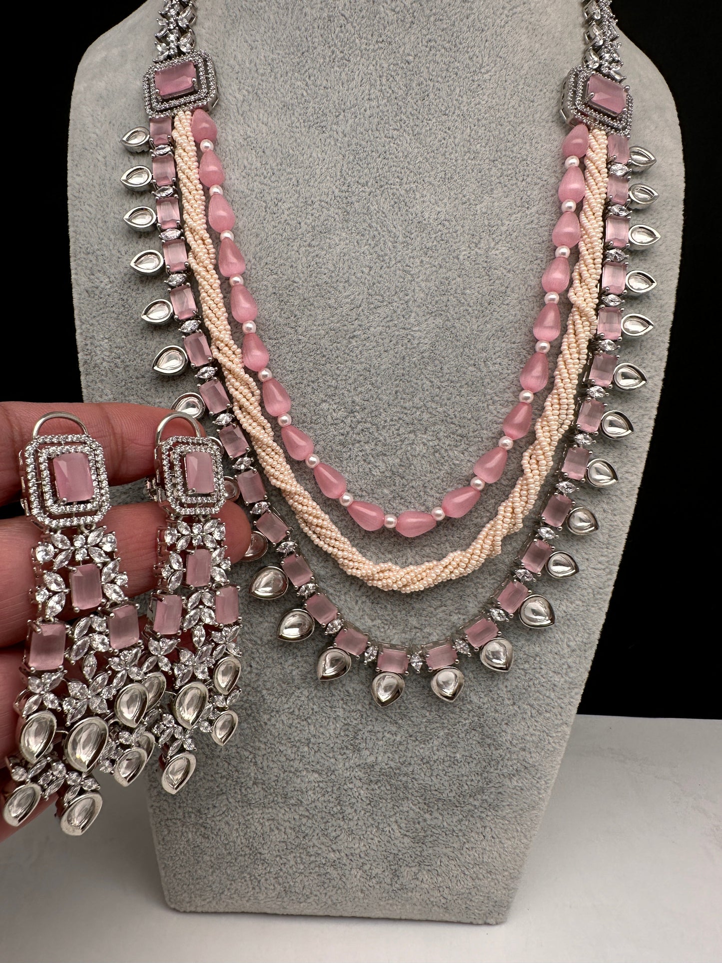 Pink Beads Kundan and AD Necklace