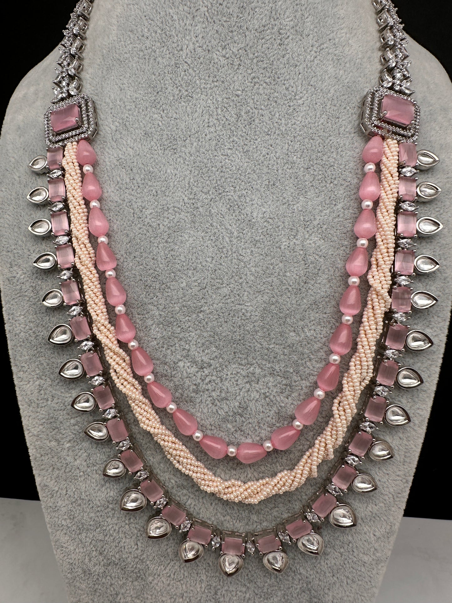 Pink Beads Kundan and AD Necklace