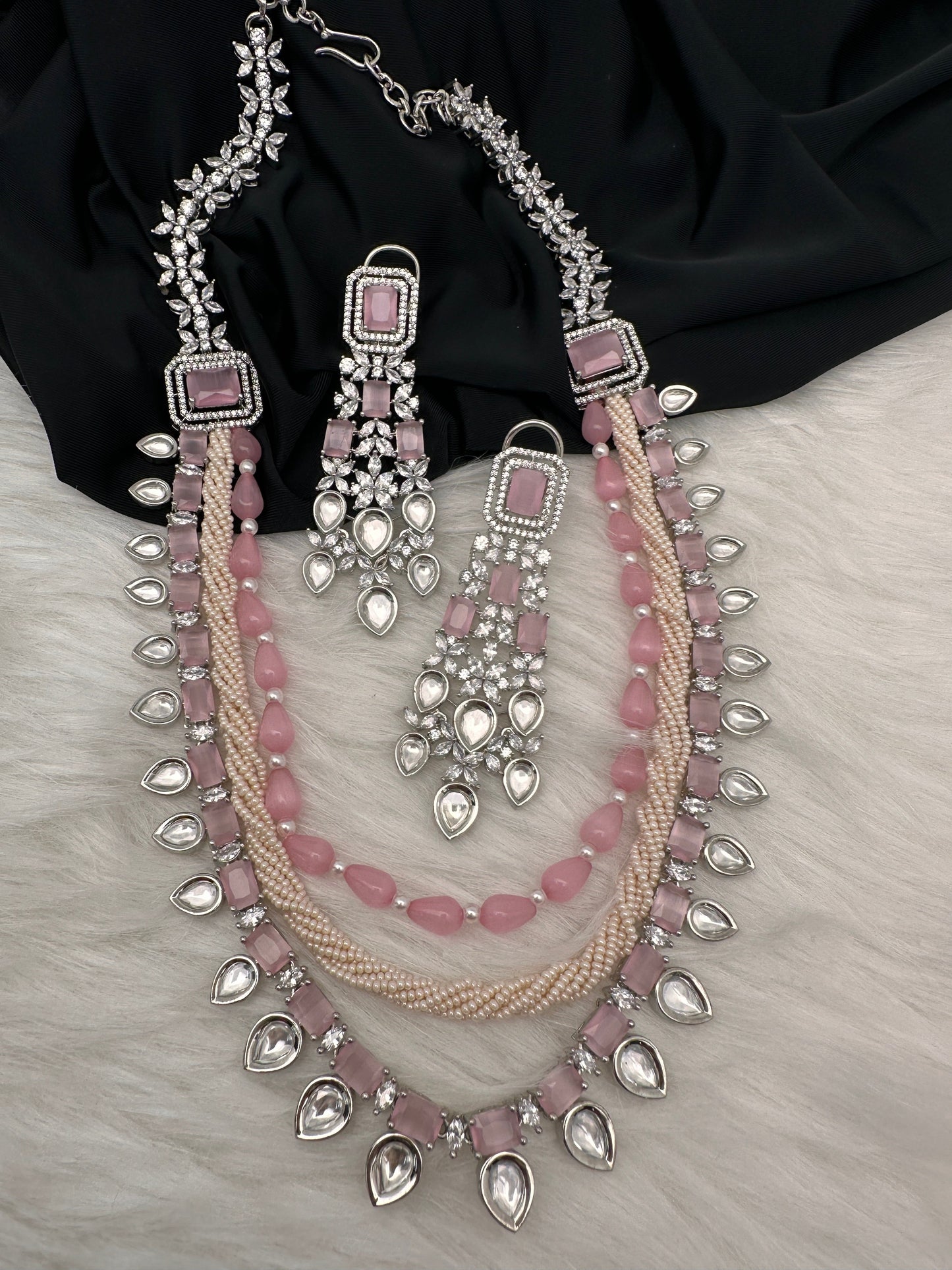 Pink Beads Kundan and AD Necklace