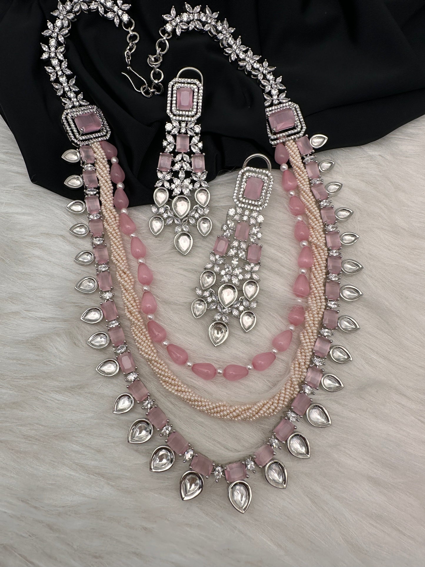 Pink Beads Kundan and AD Necklace