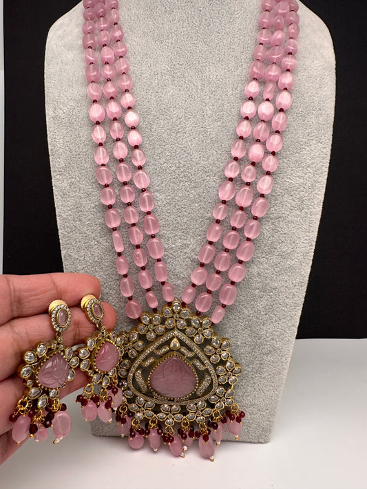 Moissanite Victoraian Mehendi Finish Monalisa Beads Necklace - Pink