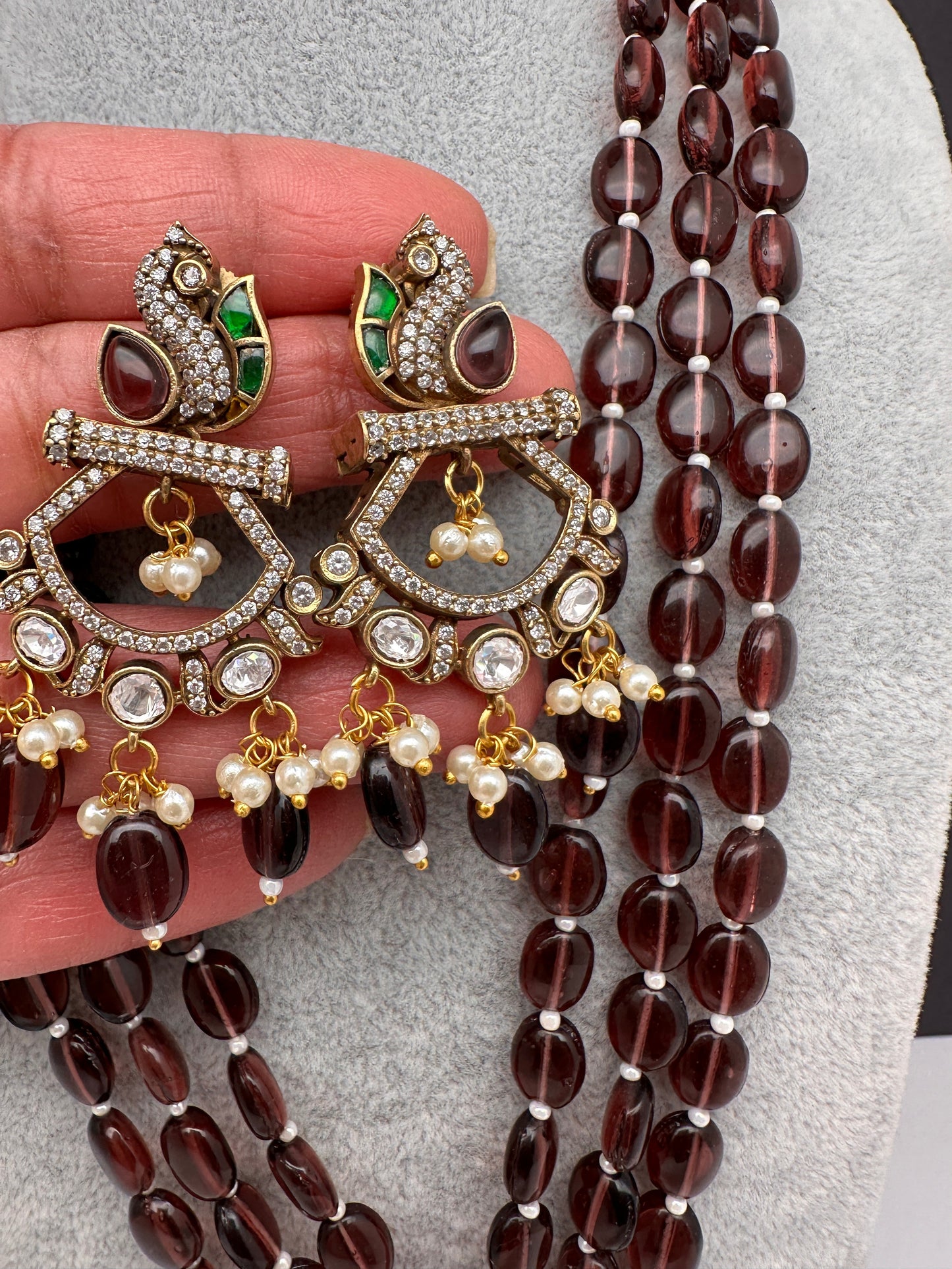 Peacock Moissanite Victoraian Mehendi Finish Monalisa Beads Necklace - Brown