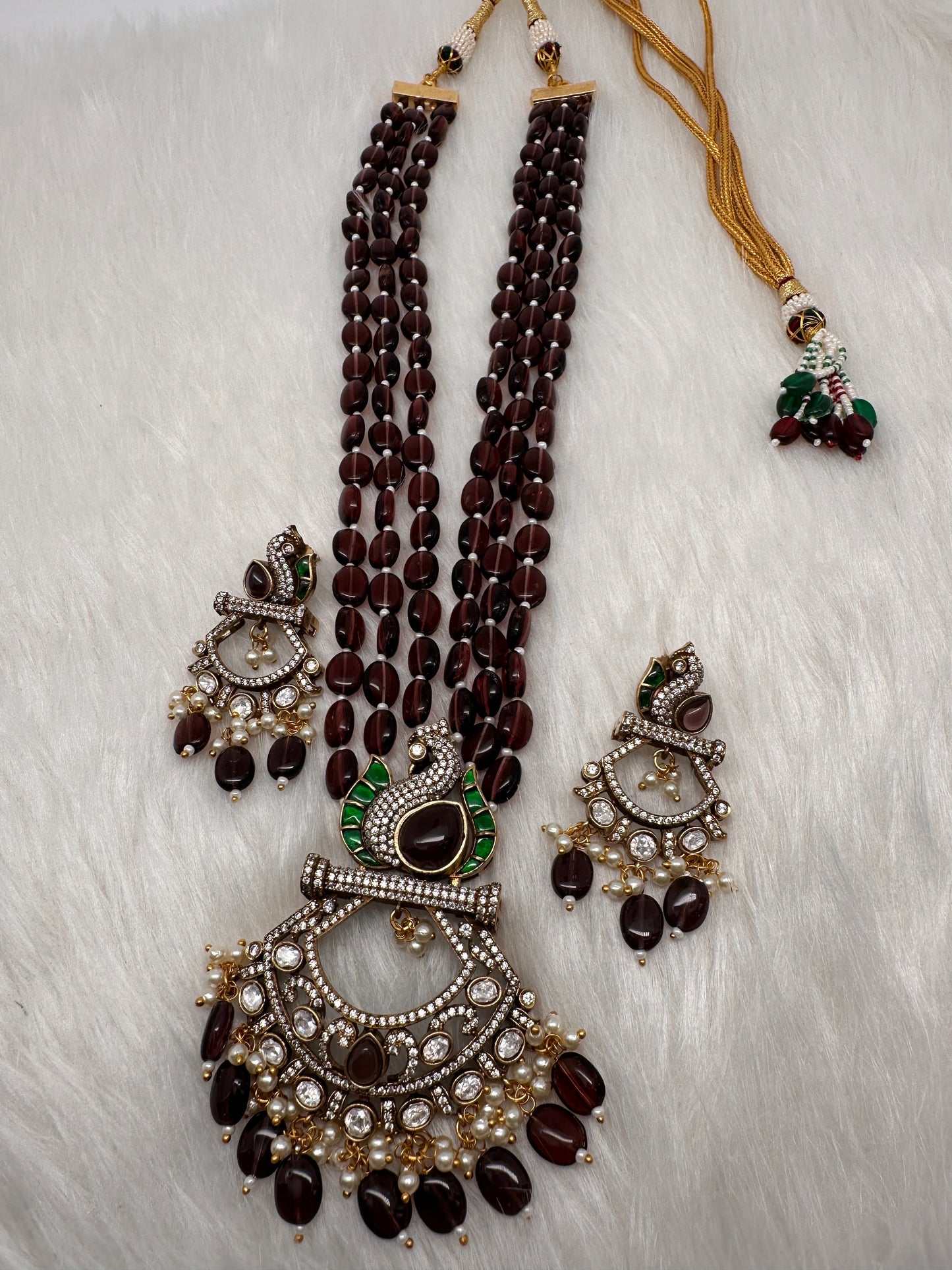 Peacock Moissanite Victoraian Mehendi Finish Monalisa Beads Necklace - Brown