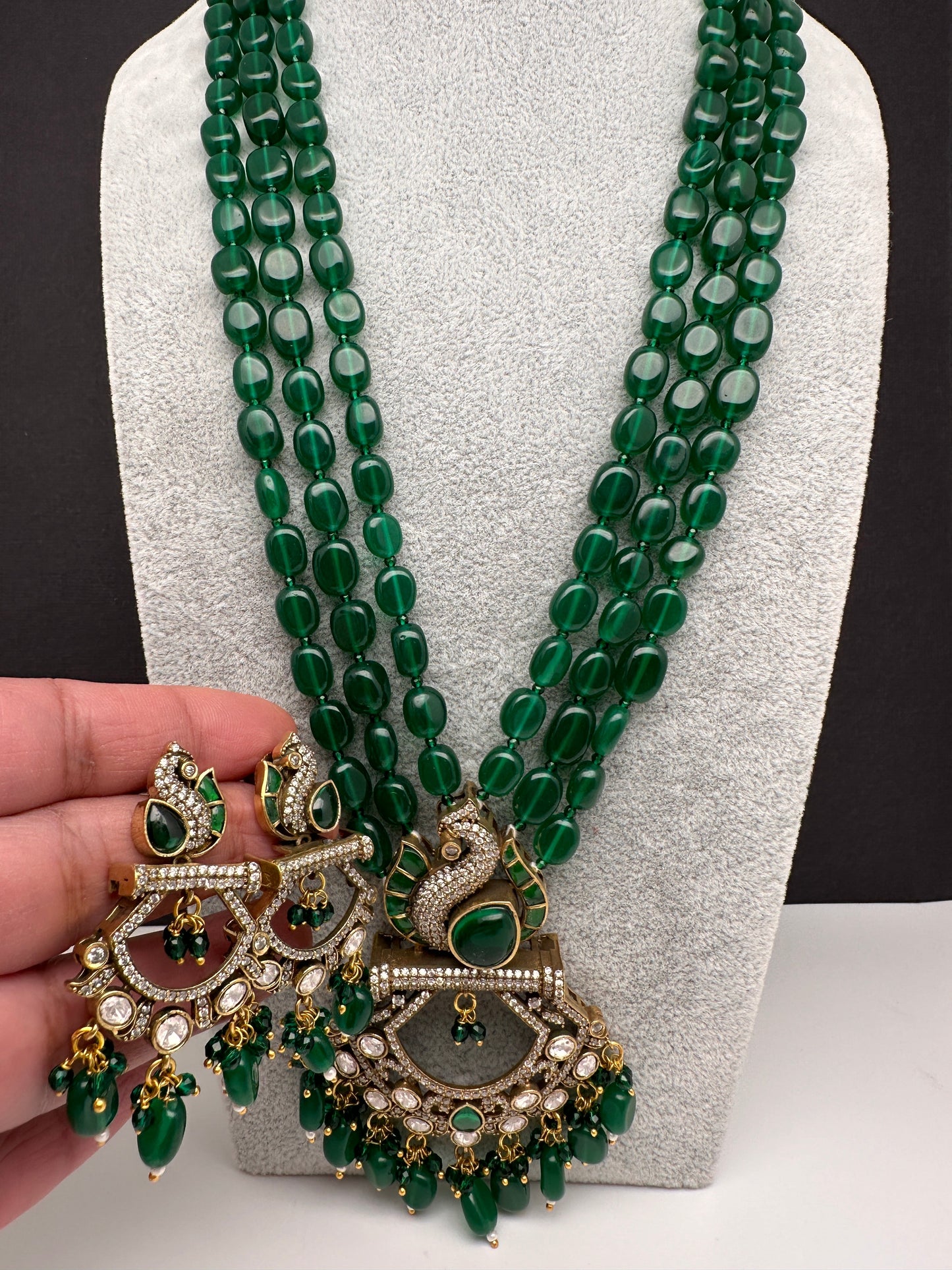 Peacock Moissanite Victoraian Mehendi Finish Monalisa Beads Necklace - Green