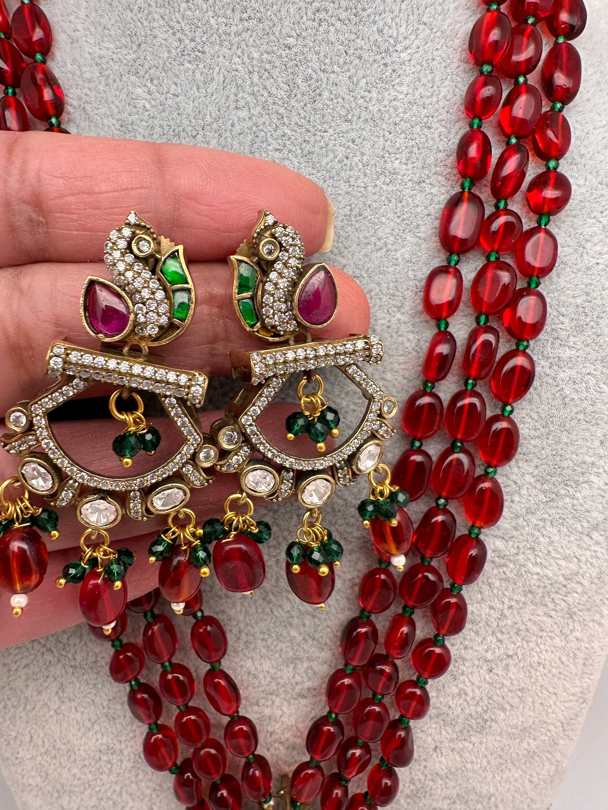 Peacock Moissanite Victoraian Mehendi Finish Monalisa Beads Necklace - Red