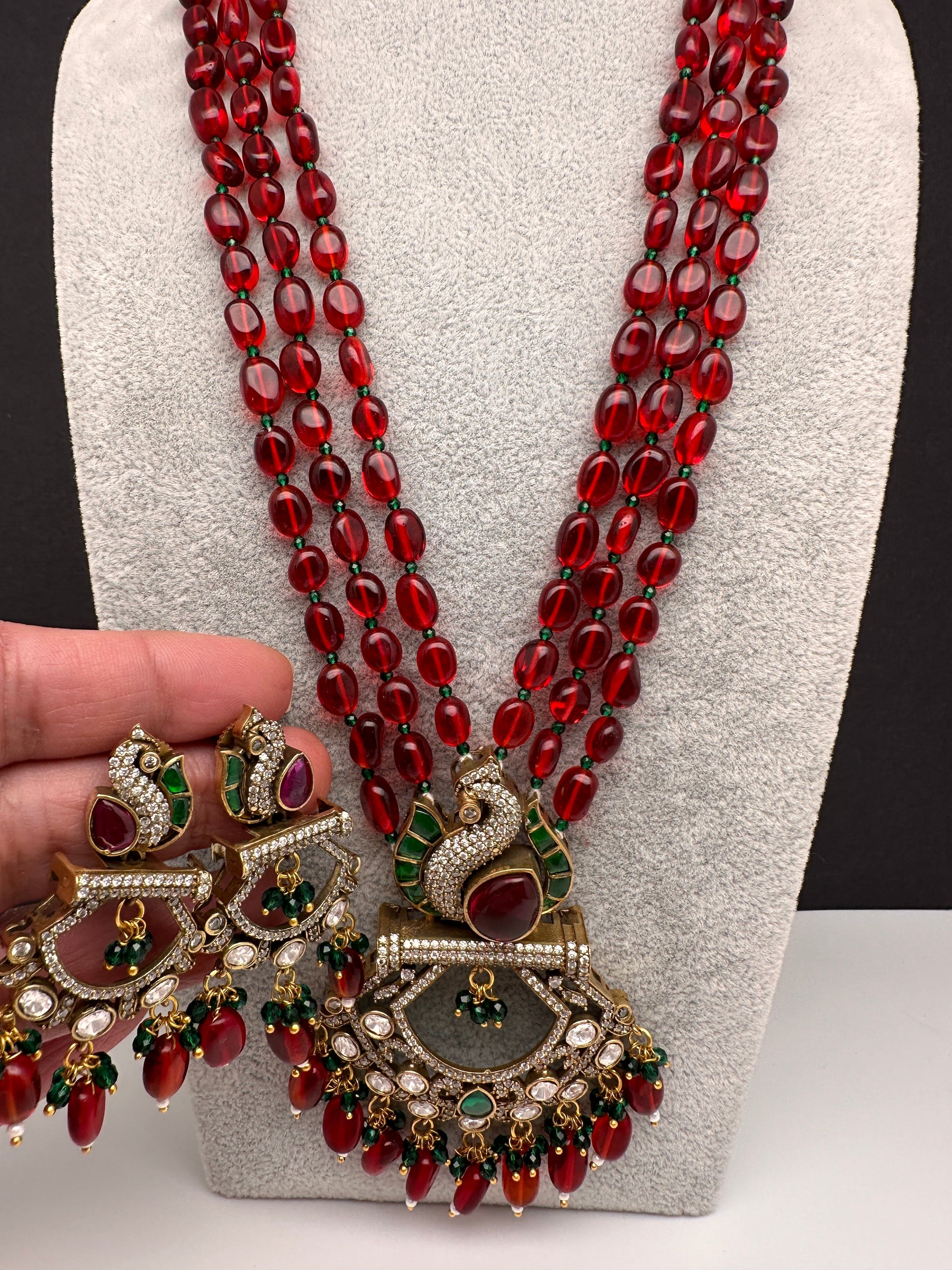 Peacock Moissanite Victoraian Mehendi Finish Monalisa Beads Necklace - Red