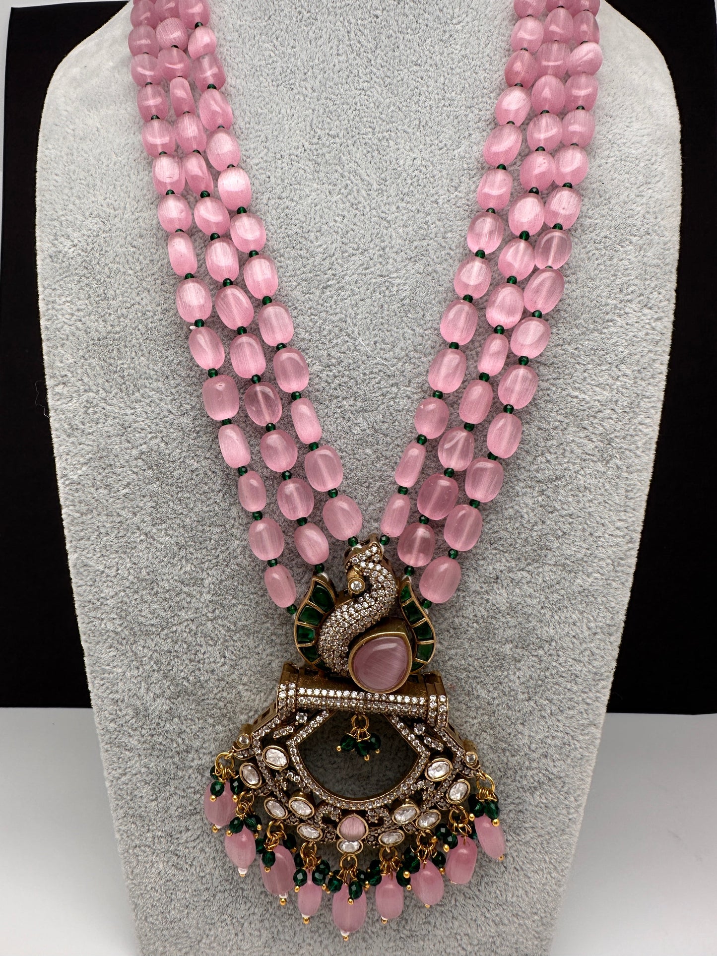 Peacock Moissanite Victoraian Mehendi Finish Monalisa Beads Necklace - Pink