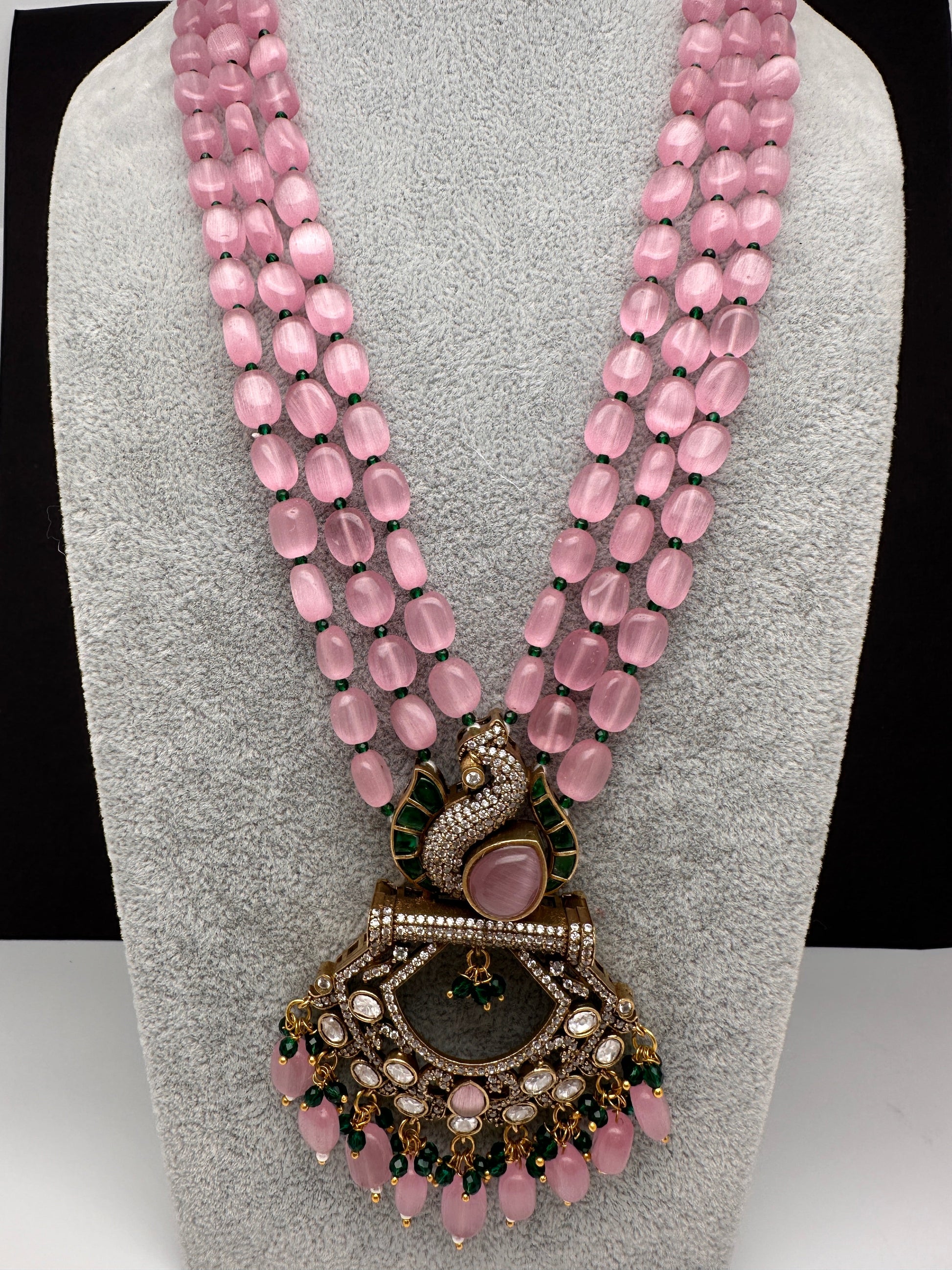 Peacock Moissanite Victoraian Mehendi Finish Monalisa Beads Necklace - Pink