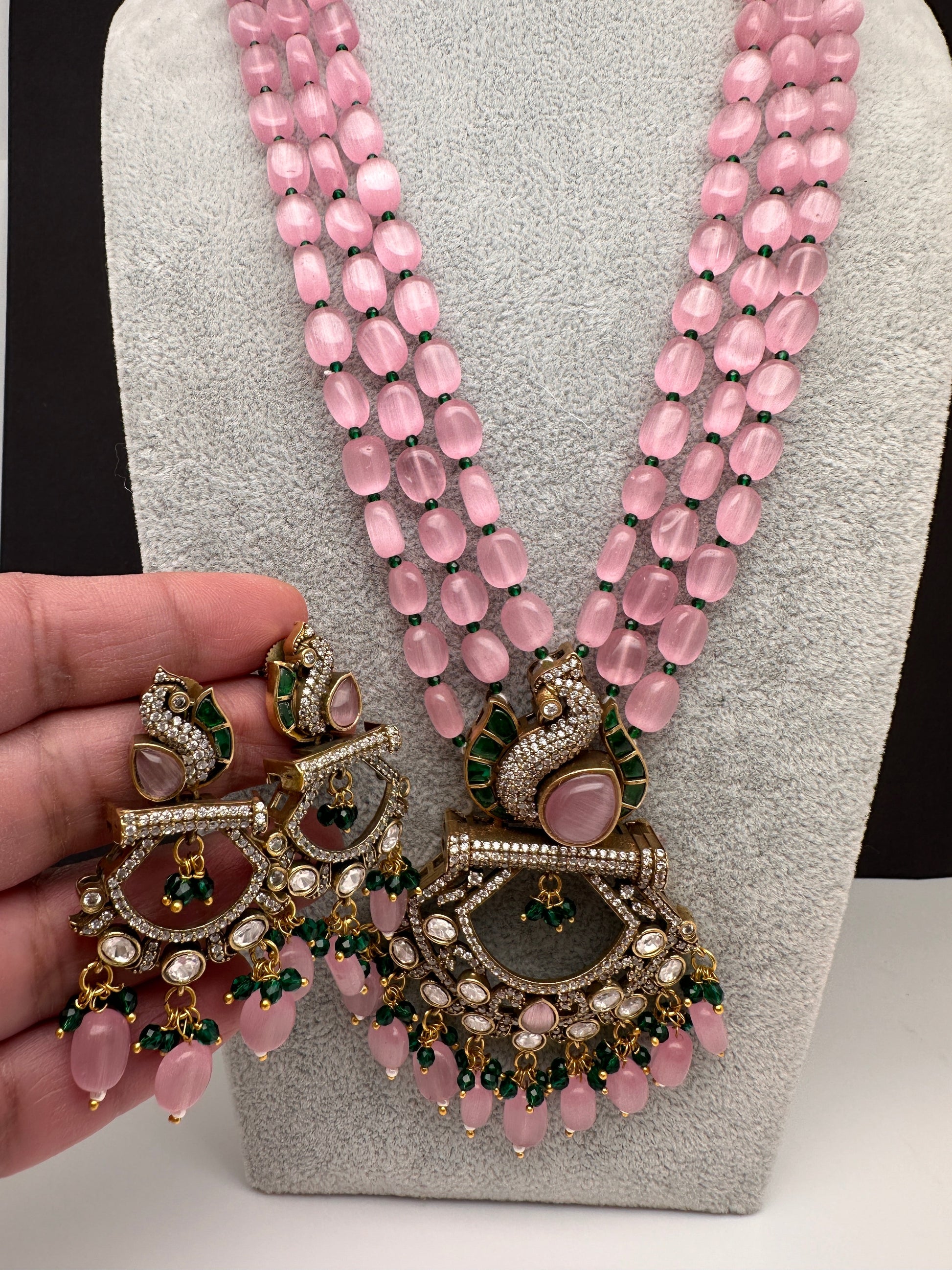 Peacock Moissanite Victoraian Mehendi Finish Monalisa Beads Necklace - Pink