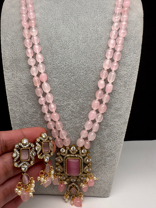 Victoraian Double line Monalisa Beads Necklace - Pink