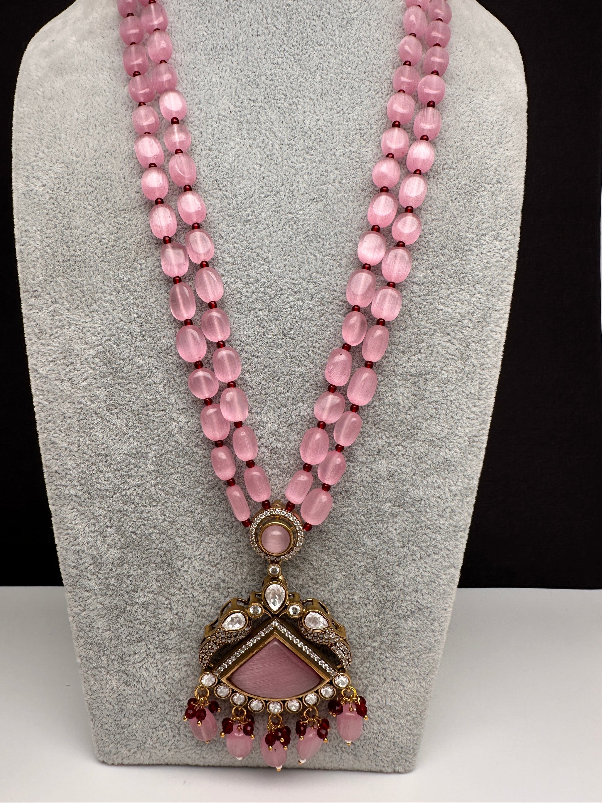 Moissanite Victoraian Double line Monalisa Beads Necklace - Pink