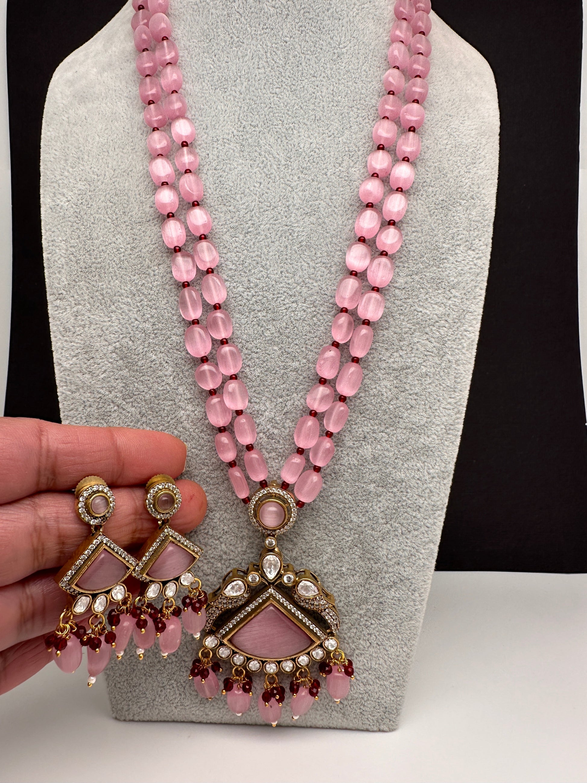 Moissanite Victoraian Double line Monalisa Beads Necklace - Pink