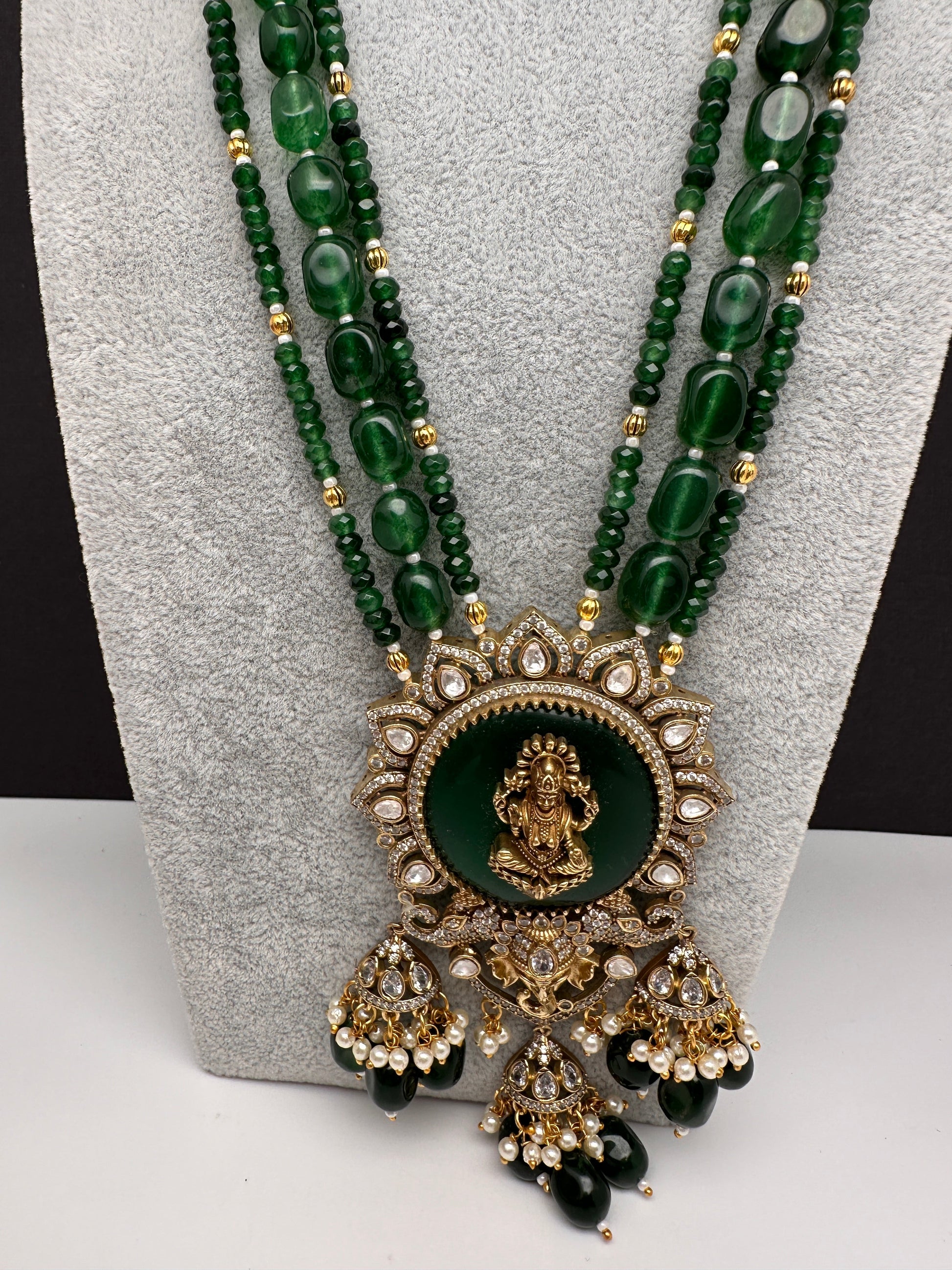 Moissanite Victoraian Ganesha Lakshmi Devi Monalisa Beads Necklace - Green