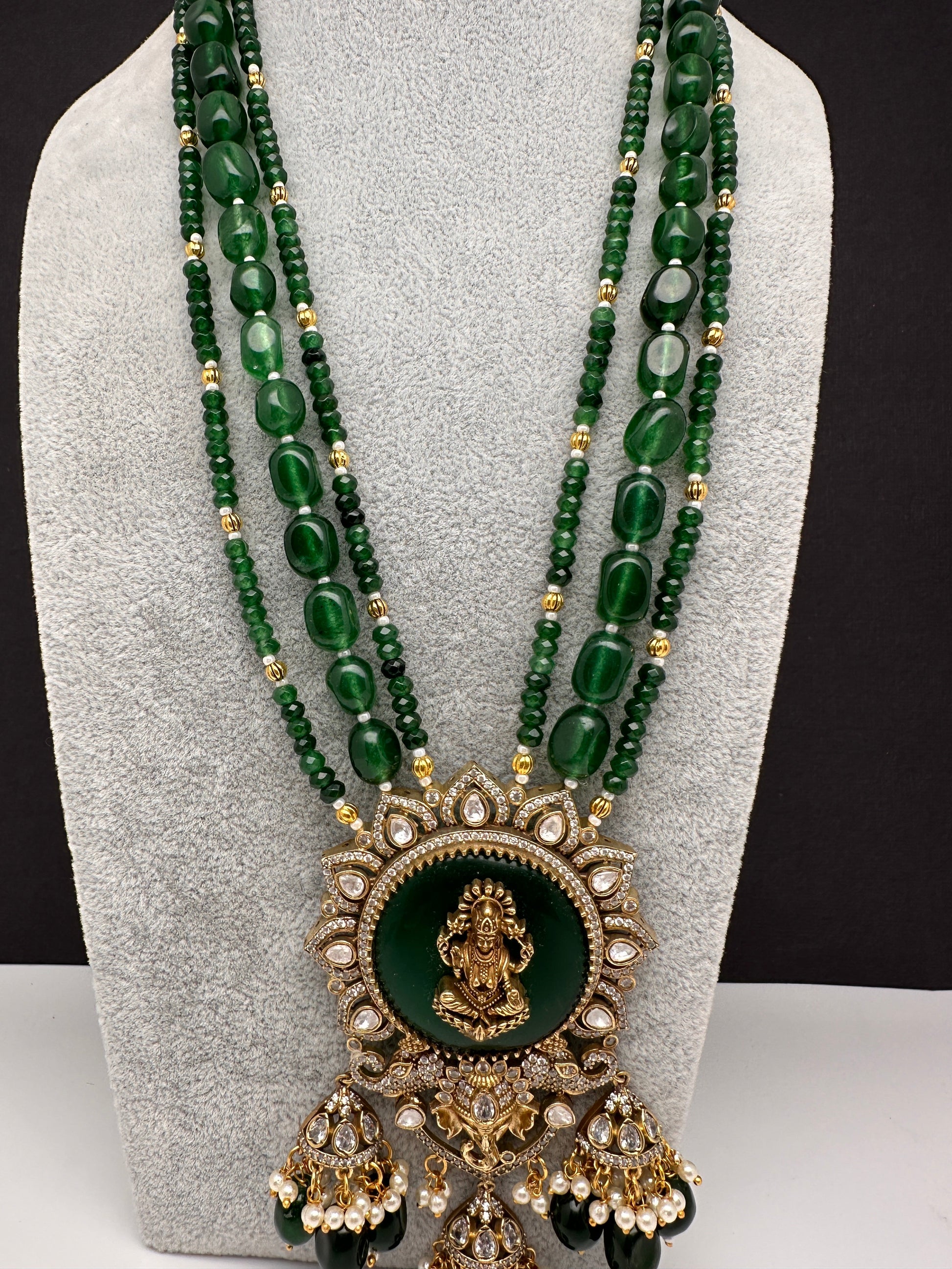 Moissanite Victoraian Ganesha Lakshmi Devi Monalisa Beads Necklace - Green