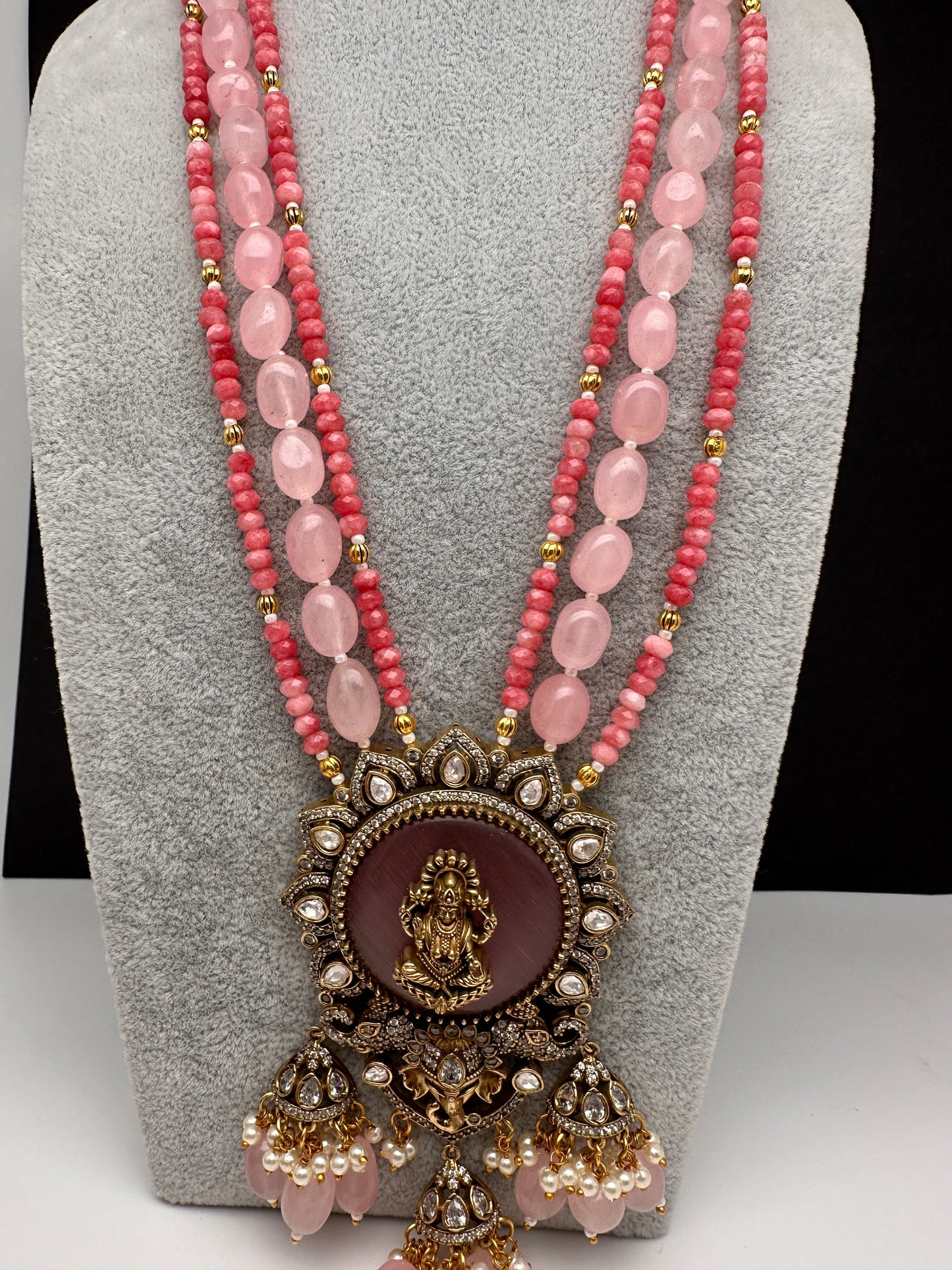 Moissanite Victoraian Ganesha Lakshmi Devi Monalisa Beads Necklace - Pink