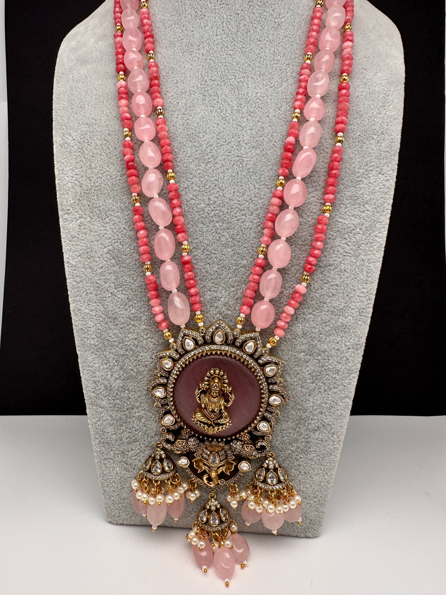 Moissanite Victoraian Ganesha Lakshmi Devi Monalisa Beads Necklace - Pink