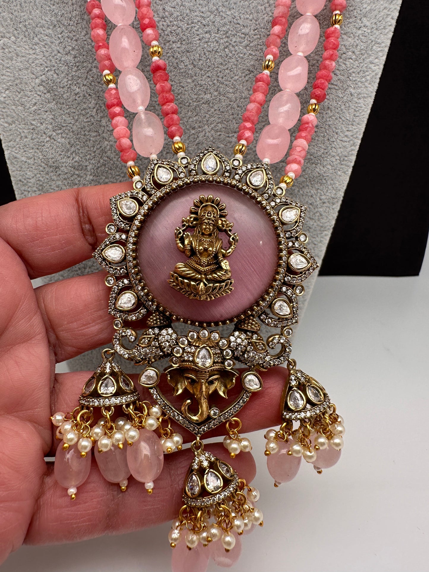 Moissanite Victoraian Ganesha Lakshmi Devi Monalisa Beads Necklace - Pink