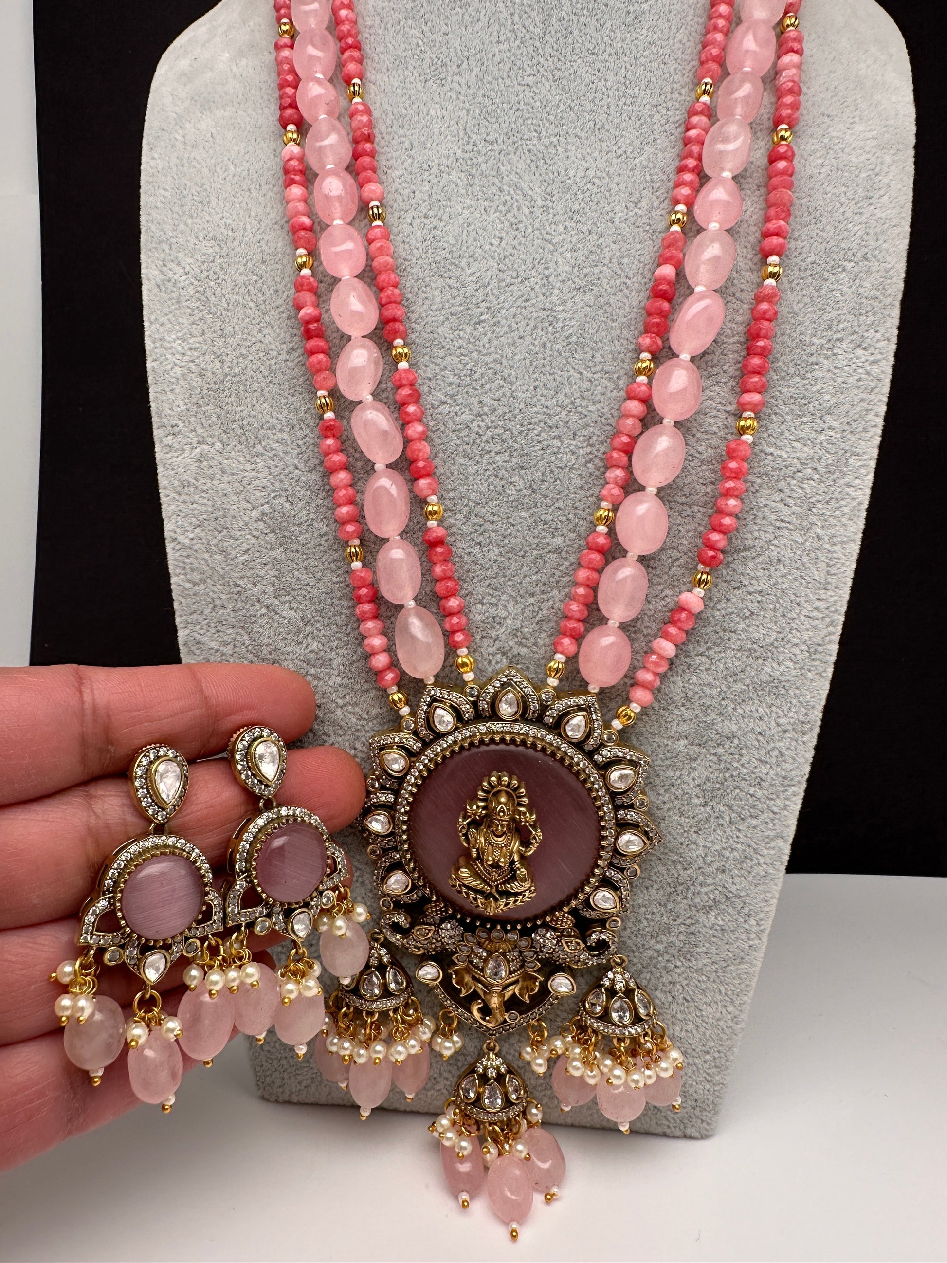 Moissanite Victoraian Ganesha Lakshmi Devi Monalisa Beads Necklace - Pink