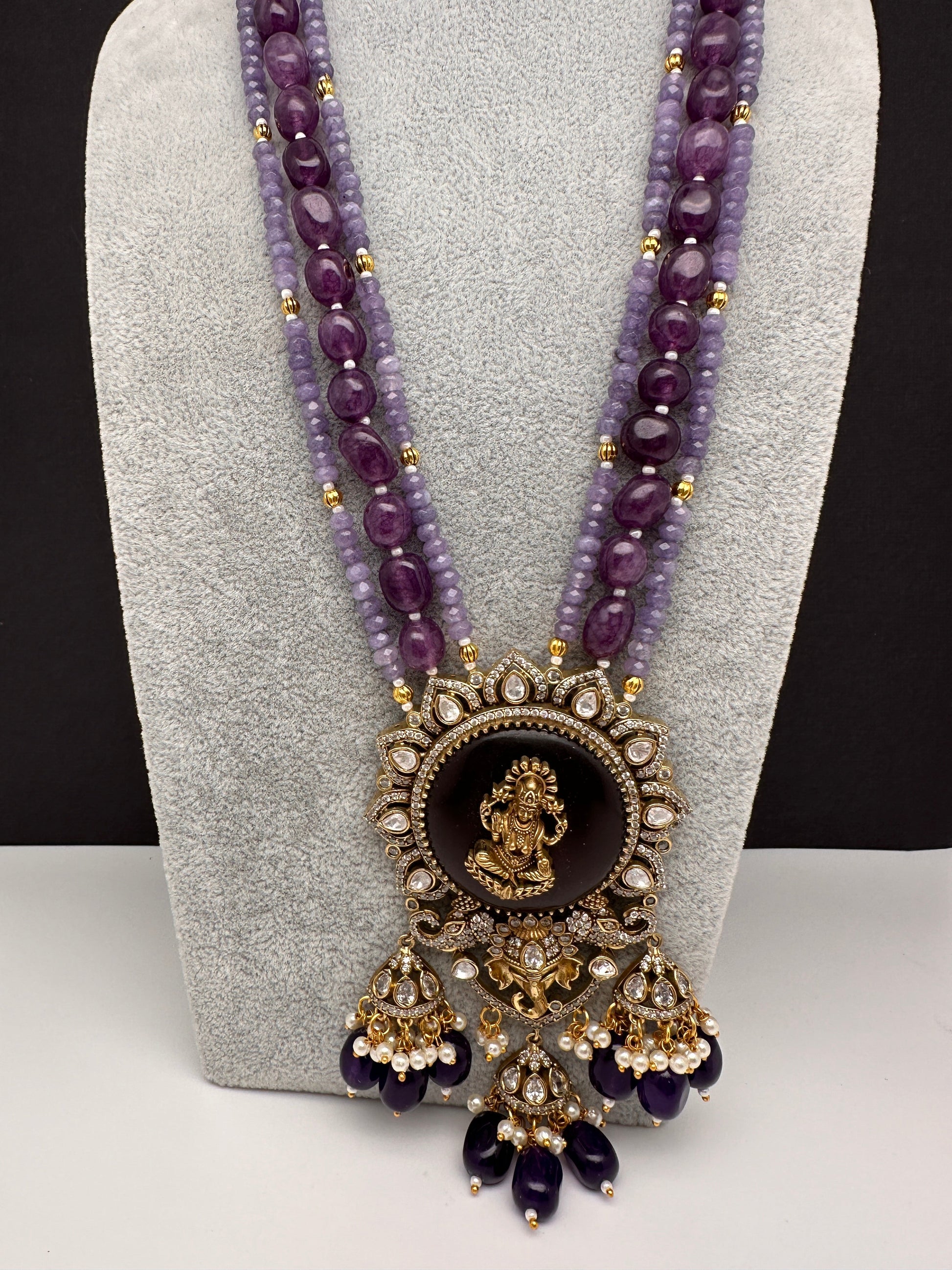 Moissanite Victoraian Ganesha Lakshmi Devi Monalisa Beads Necklace - Purple