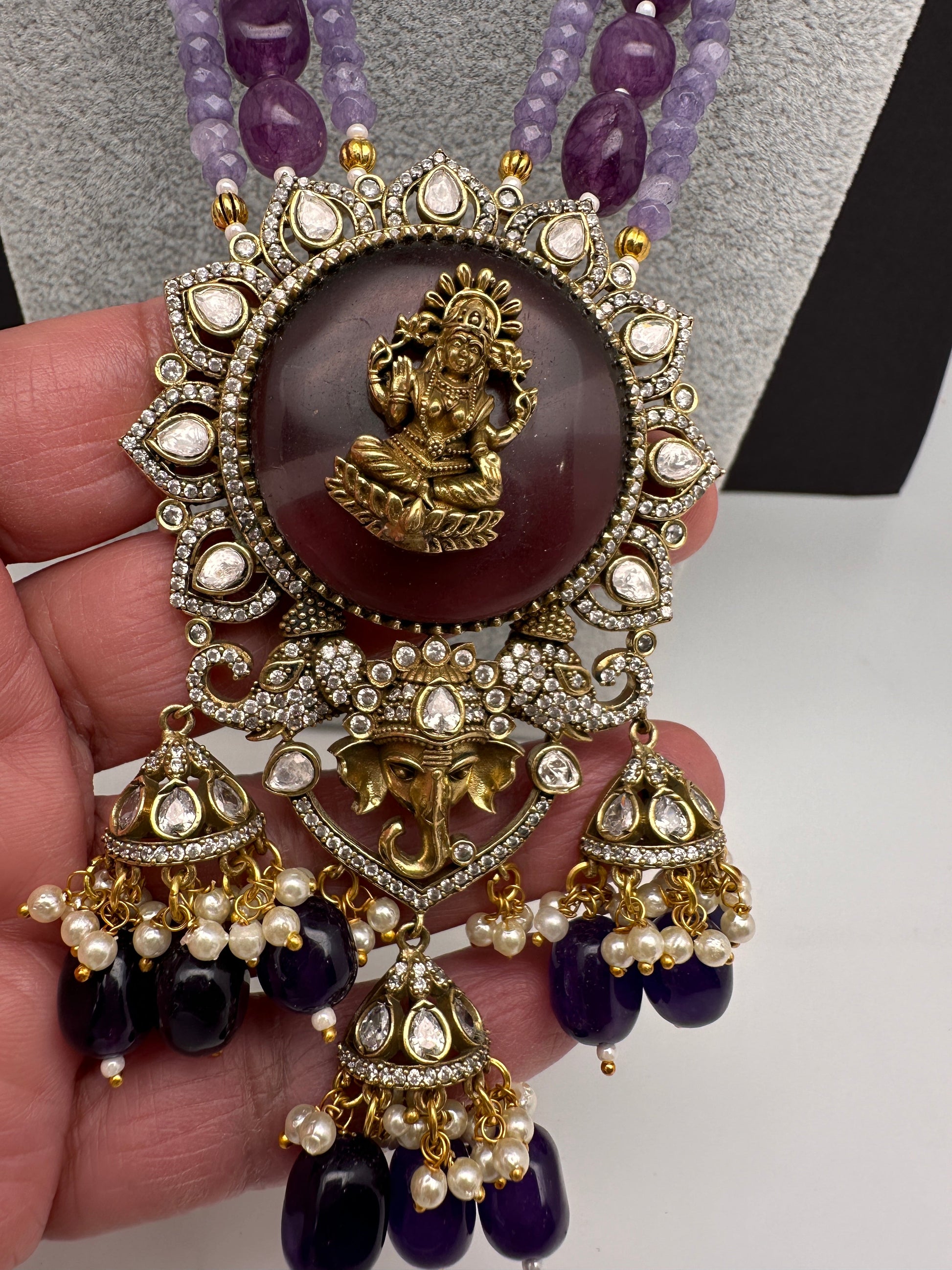 Moissanite Victoraian Ganesha Lakshmi Devi Monalisa Beads Necklace - Purple