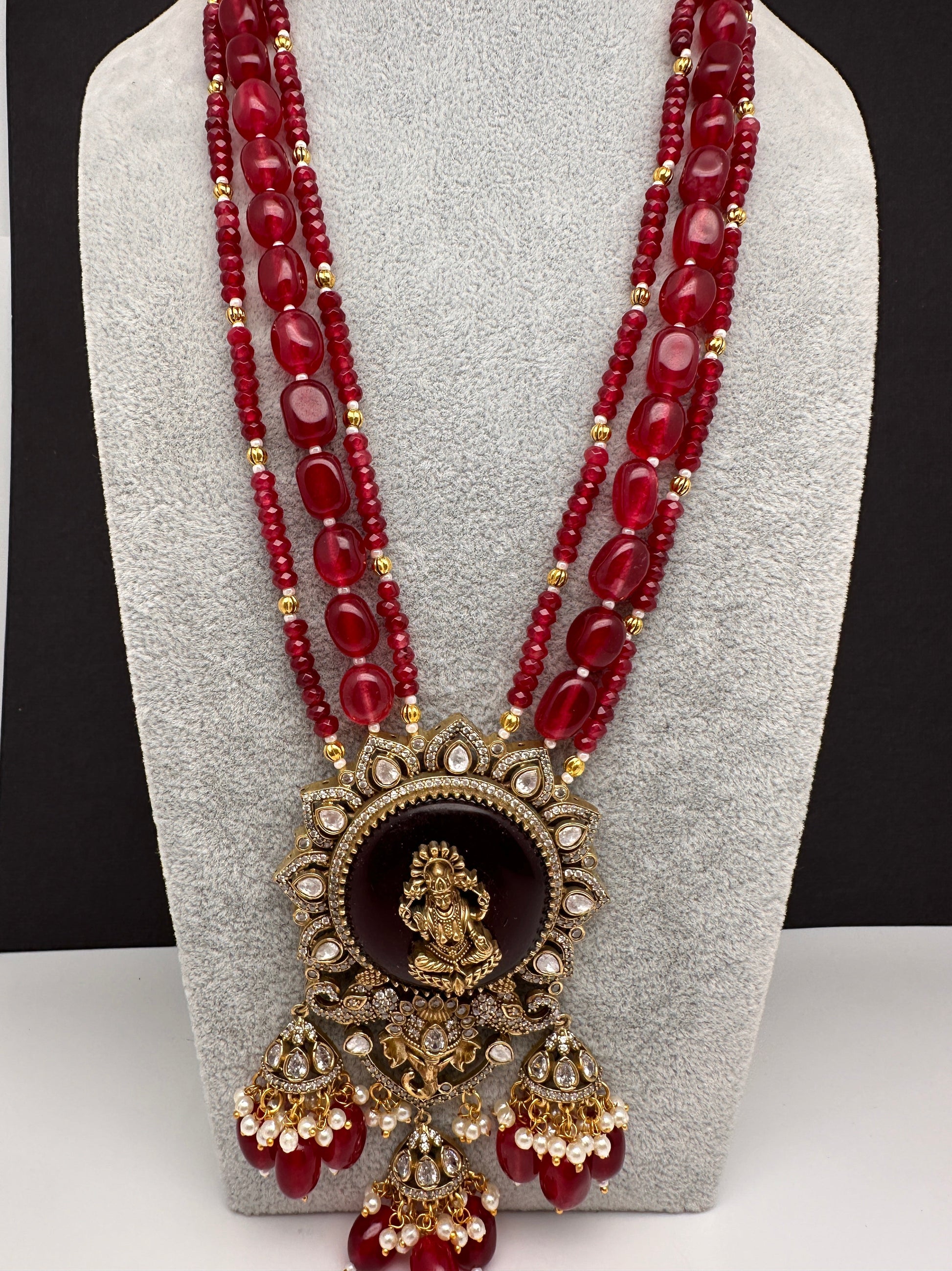 Moissanite Victoraian Ganesha Lakshmi Devi Monalisa Beads Necklace - Red