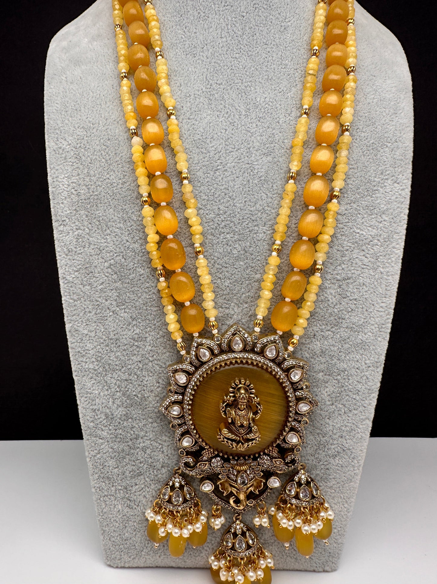 Moissanite Victoraian Ganesha Lakshmi Devi Monalisa Beads Necklace - Yellow