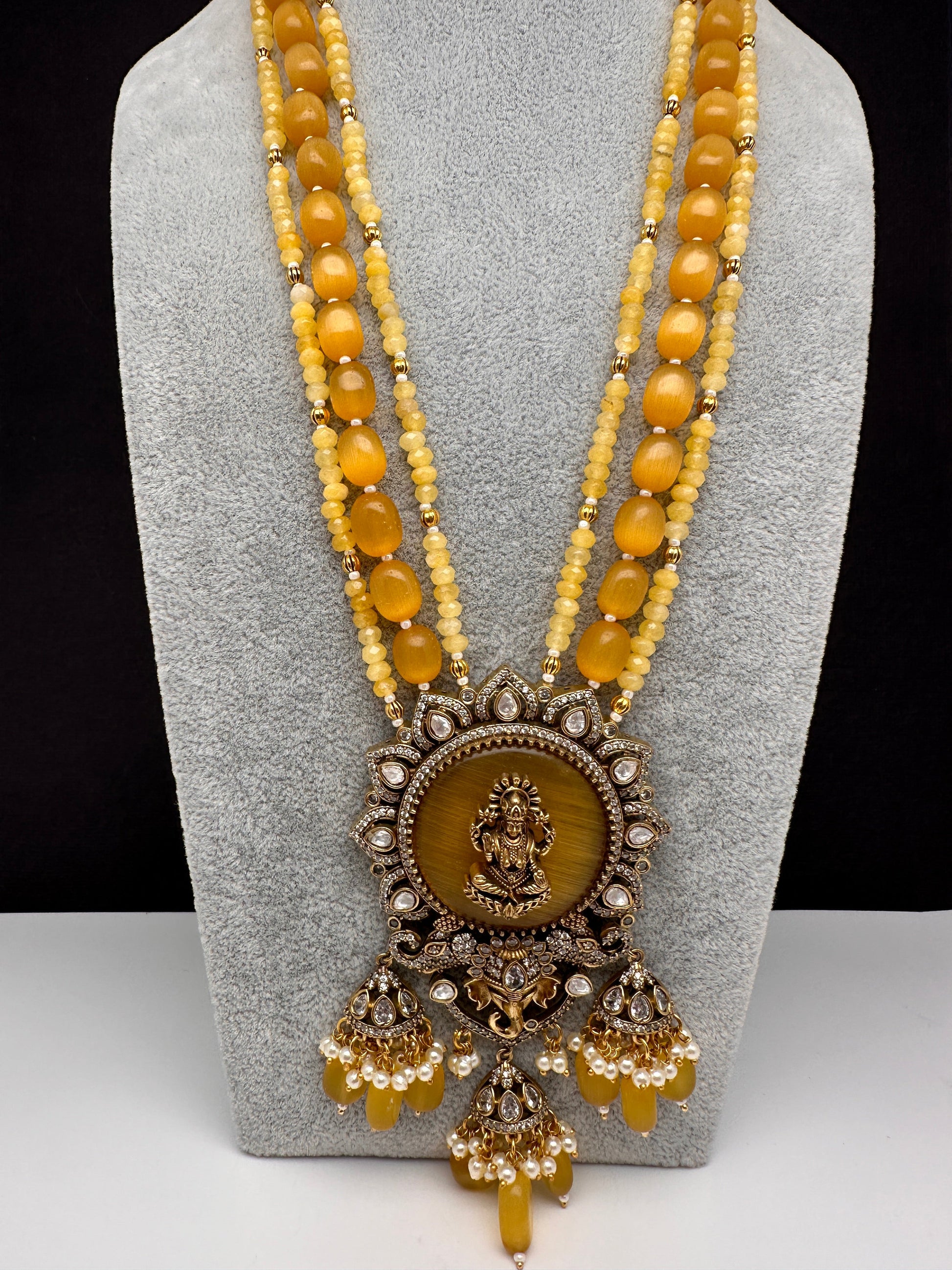 Moissanite Victoraian Ganesha Lakshmi Devi Monalisa Beads Necklace - Yellow