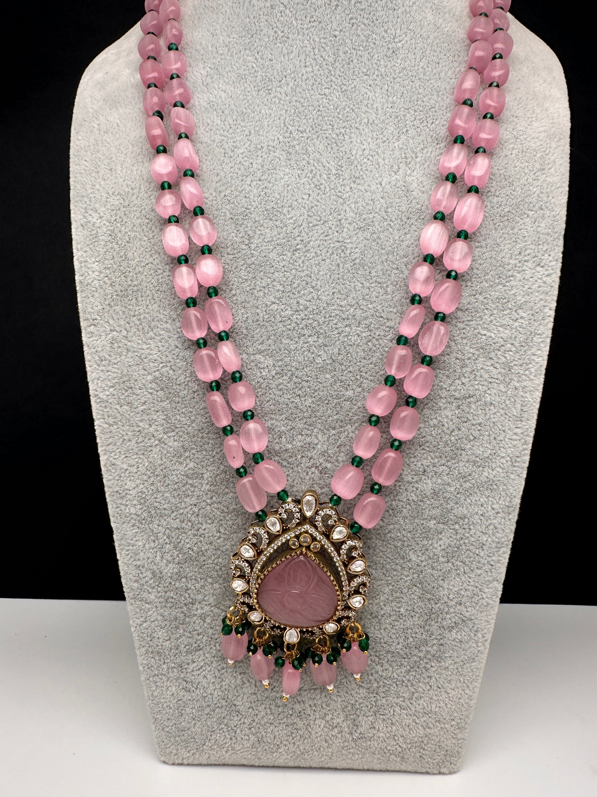 Moissanite Victorian Carved Color Stone Monalisa Beads Necklace - Pink