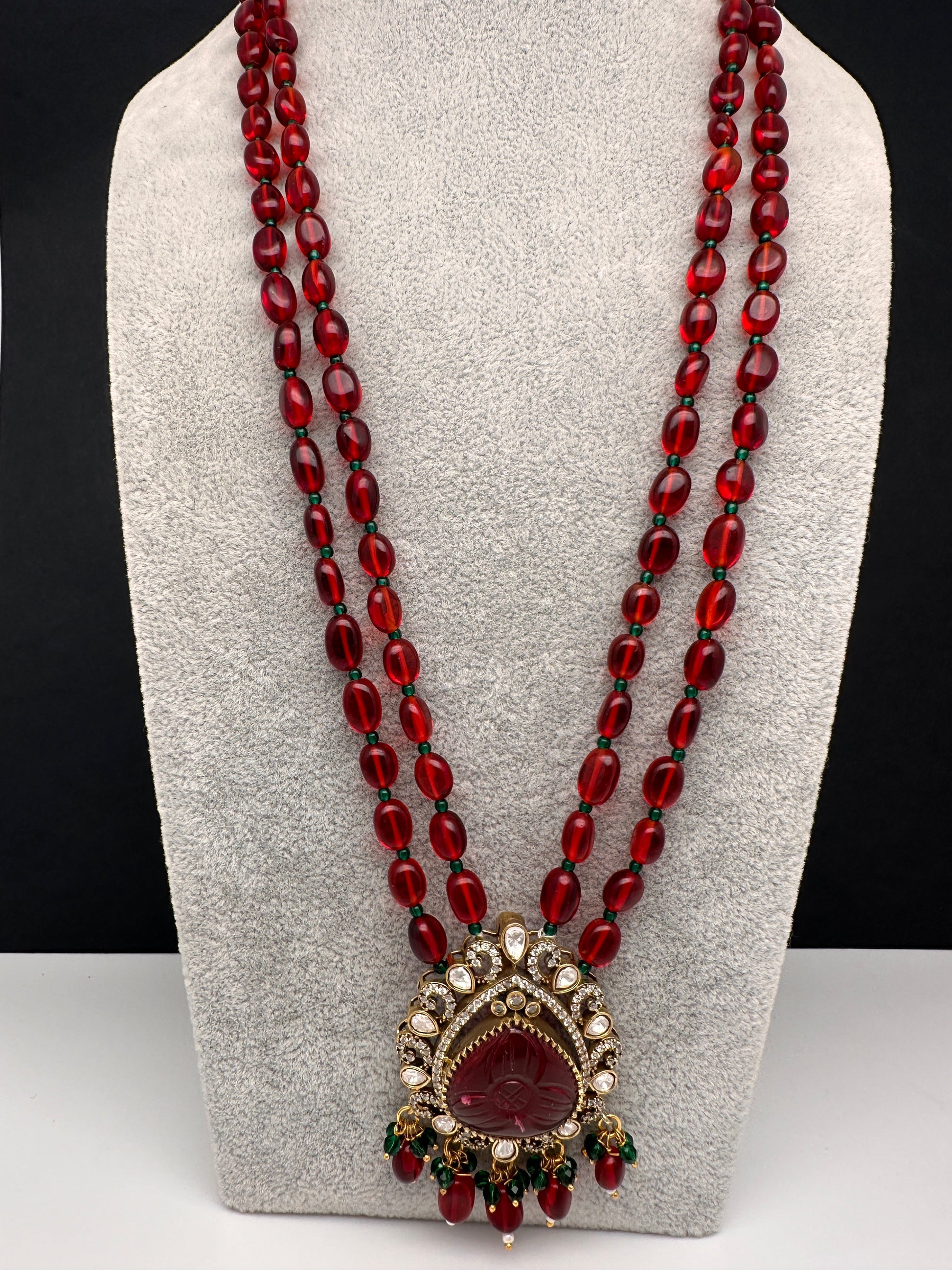 Moissanite Victorian Carved Color Stone Monalisa Beads Necklace - Red