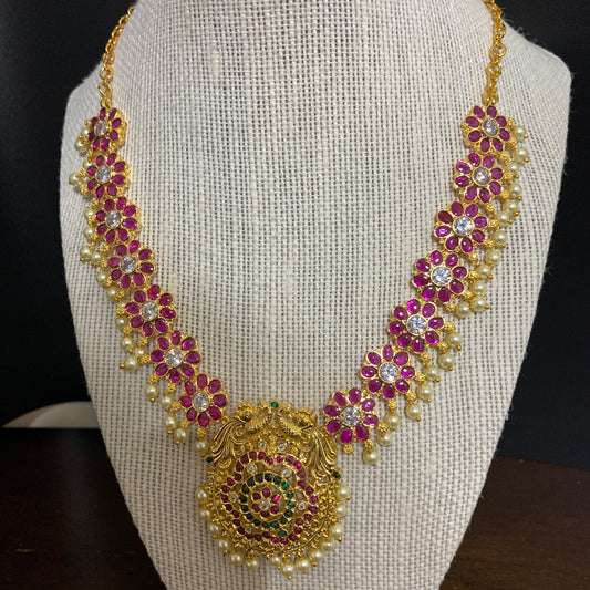 Traditional Short Red Stone and CZ  Necklace