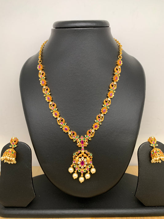 Red Green Stone CZ Pearls Peacock and Floral Pendent Necklace