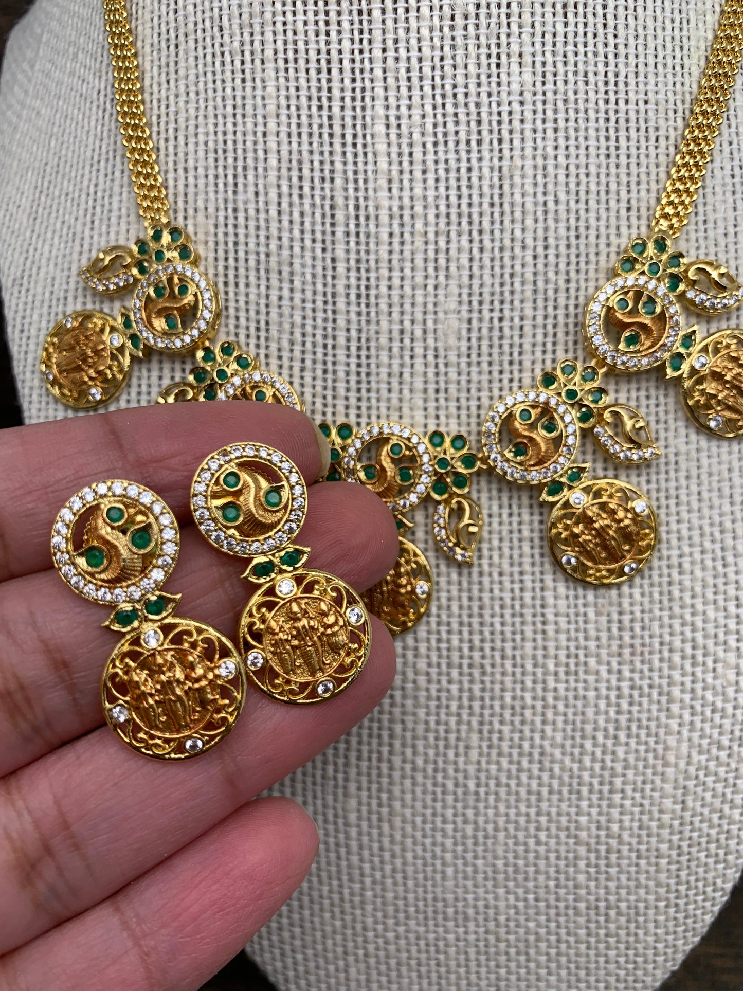 Ram Darbar Coins Green Stone CZ Necklace