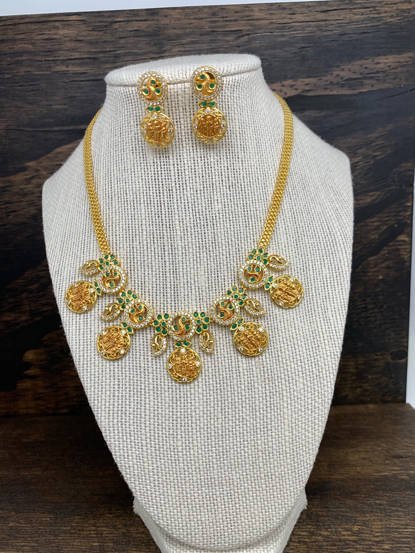 Ram Darbar Coins Green Stone CZ Necklace