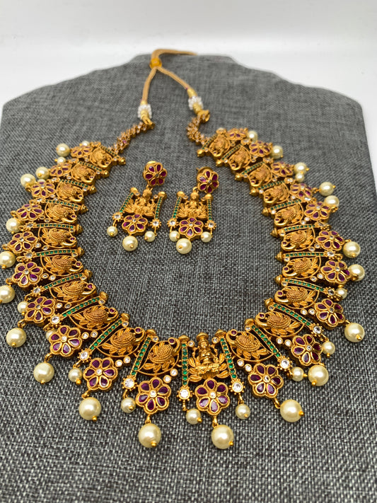 Peacock and Floral Red Green Stone CZ Pearls Necklace