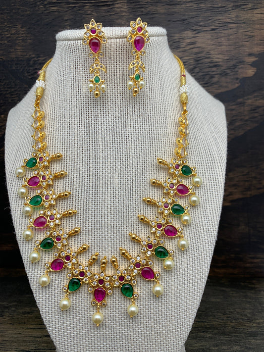 Multi Color Stone AD CZ and Pearls Necklace