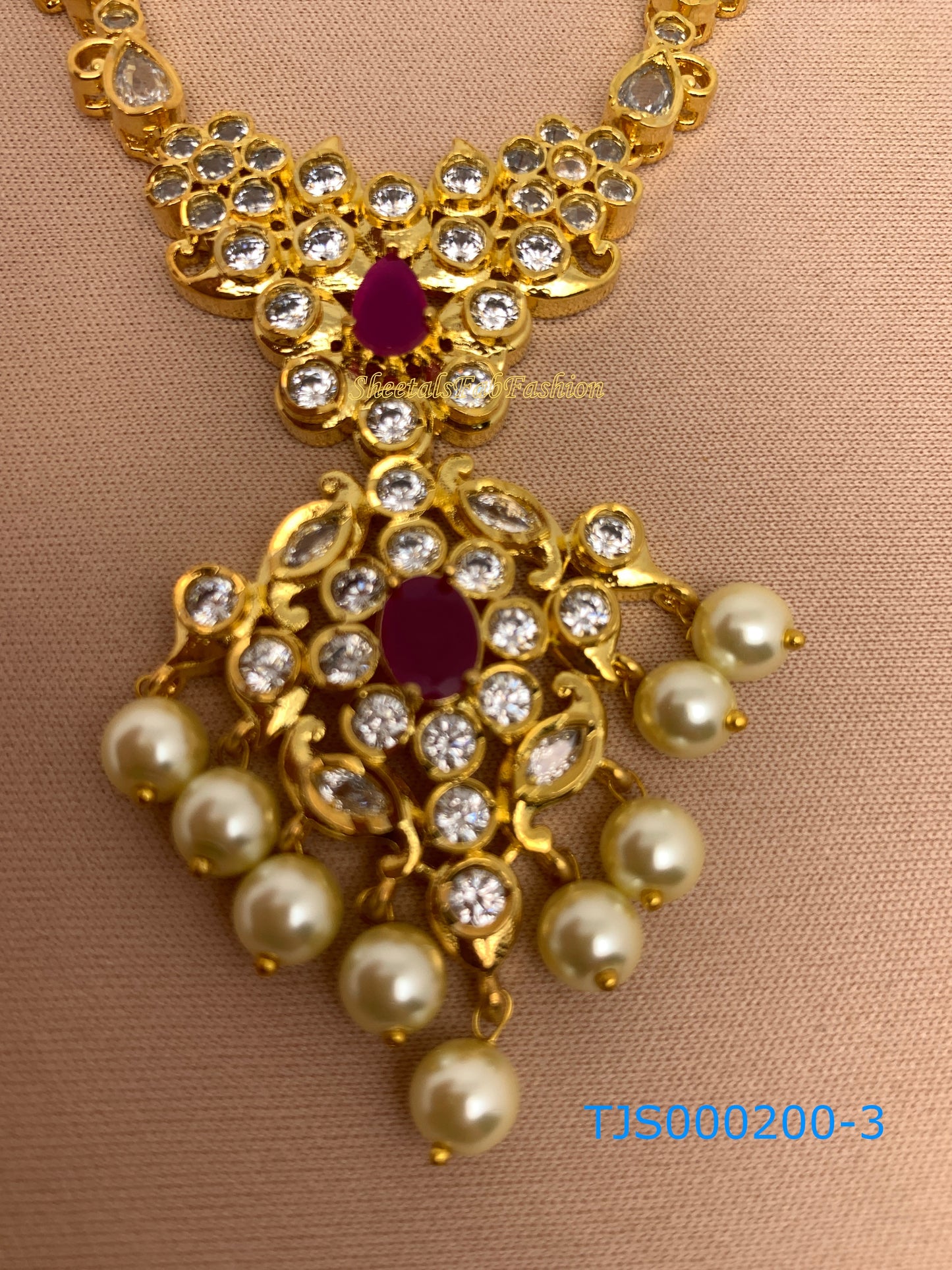 Red Stone CZ Pearls Neckalce