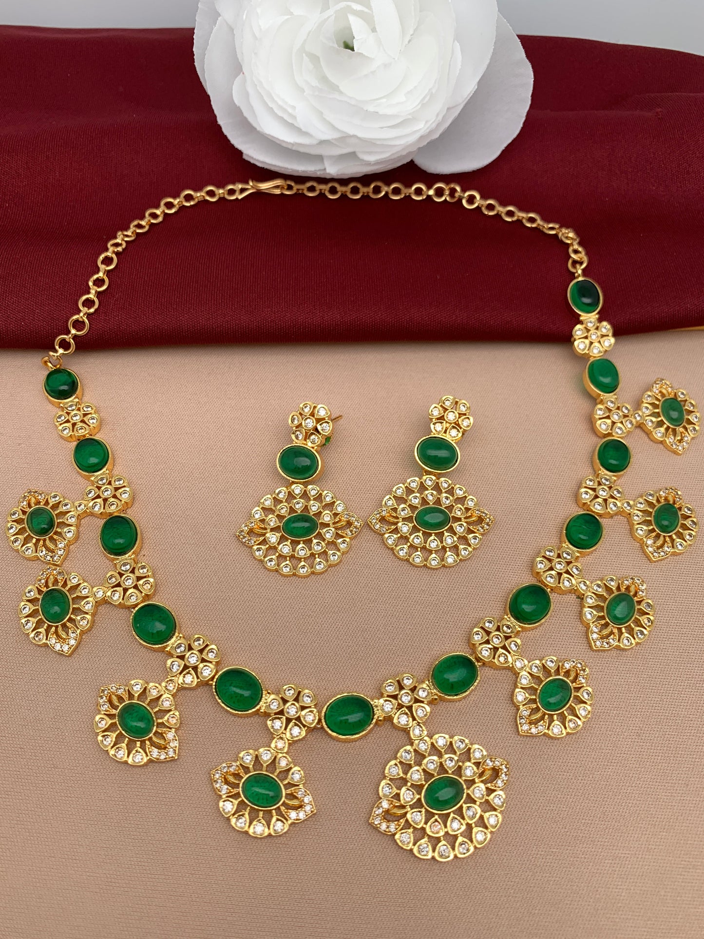 Green Stone and CZ Necklace