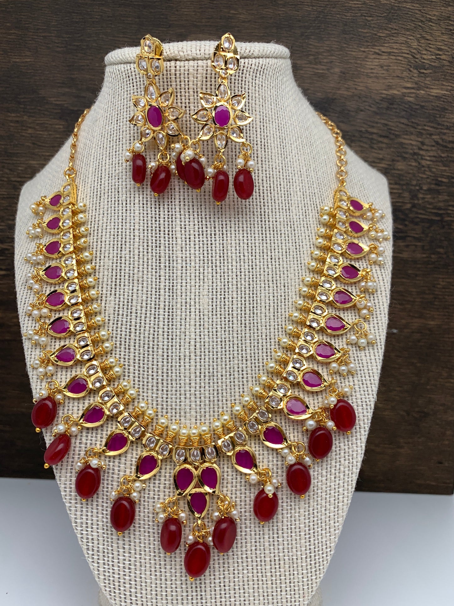 Red Stones and CZ Short Necklace