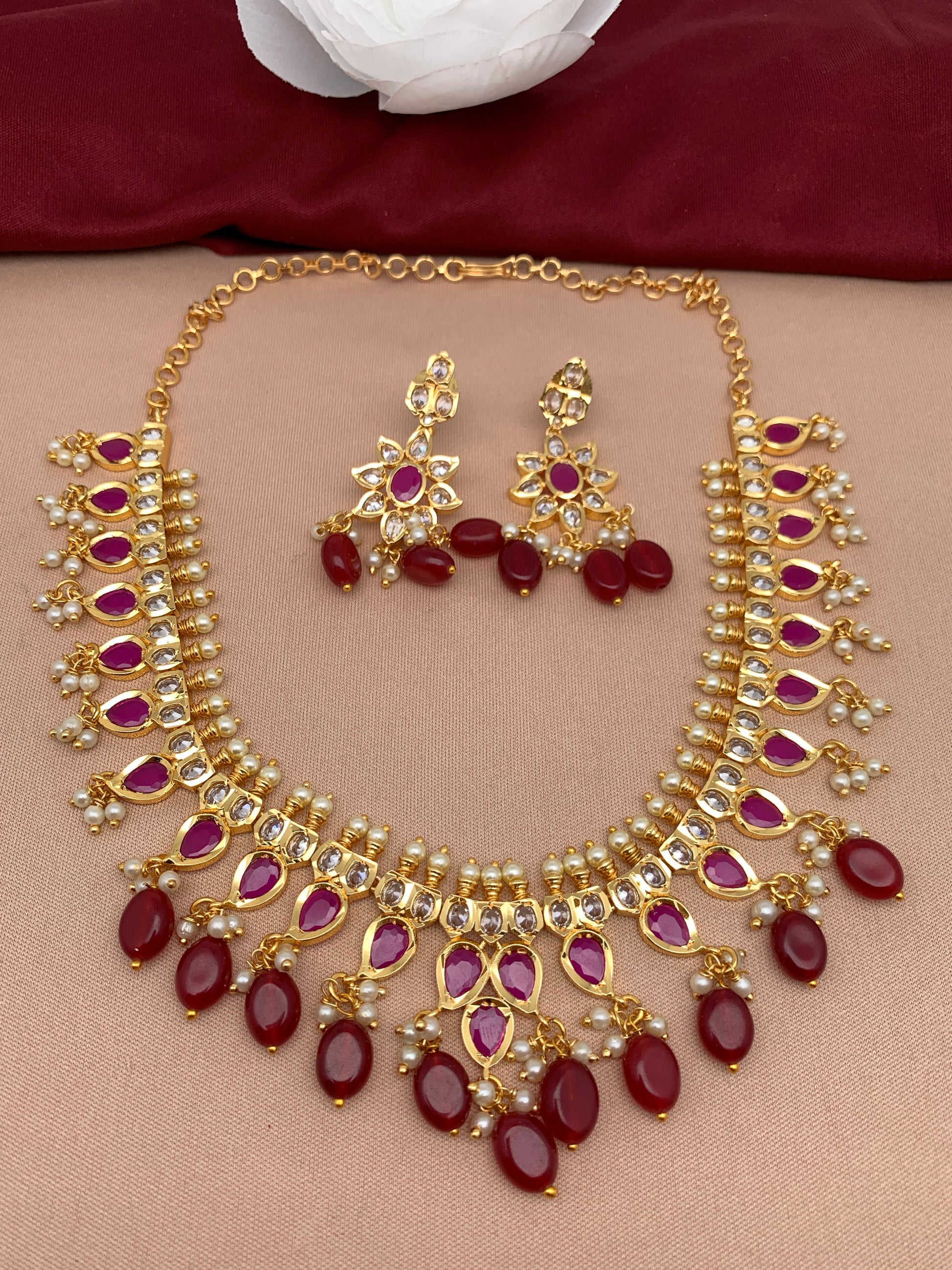 Red Stones and CZ Short Necklace