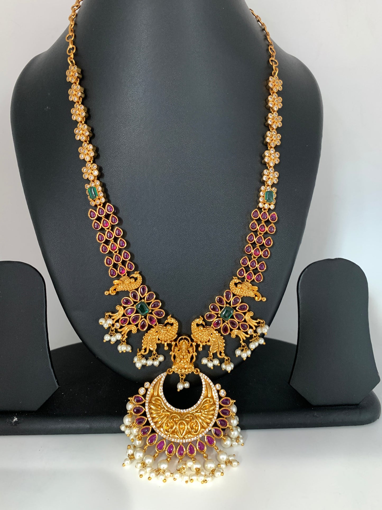 Goddess Lakshmi Peacock Red Stone Chandbali Pattern Necklace