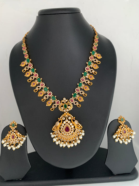 Red Green Stone CZ Pearls Ethnic Necklace