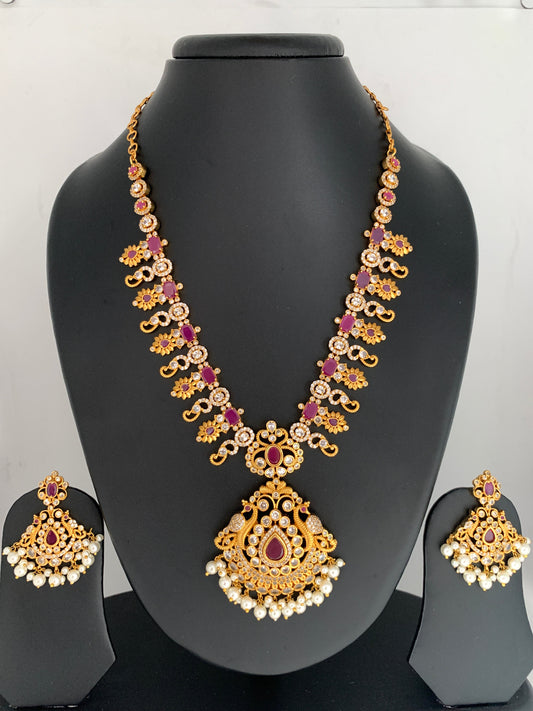 Red Stone CZ Pearls Ethnic Necklace